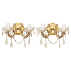 Wall Sconces Pair Glass Gilt Brass Rococo Style Two-Arm