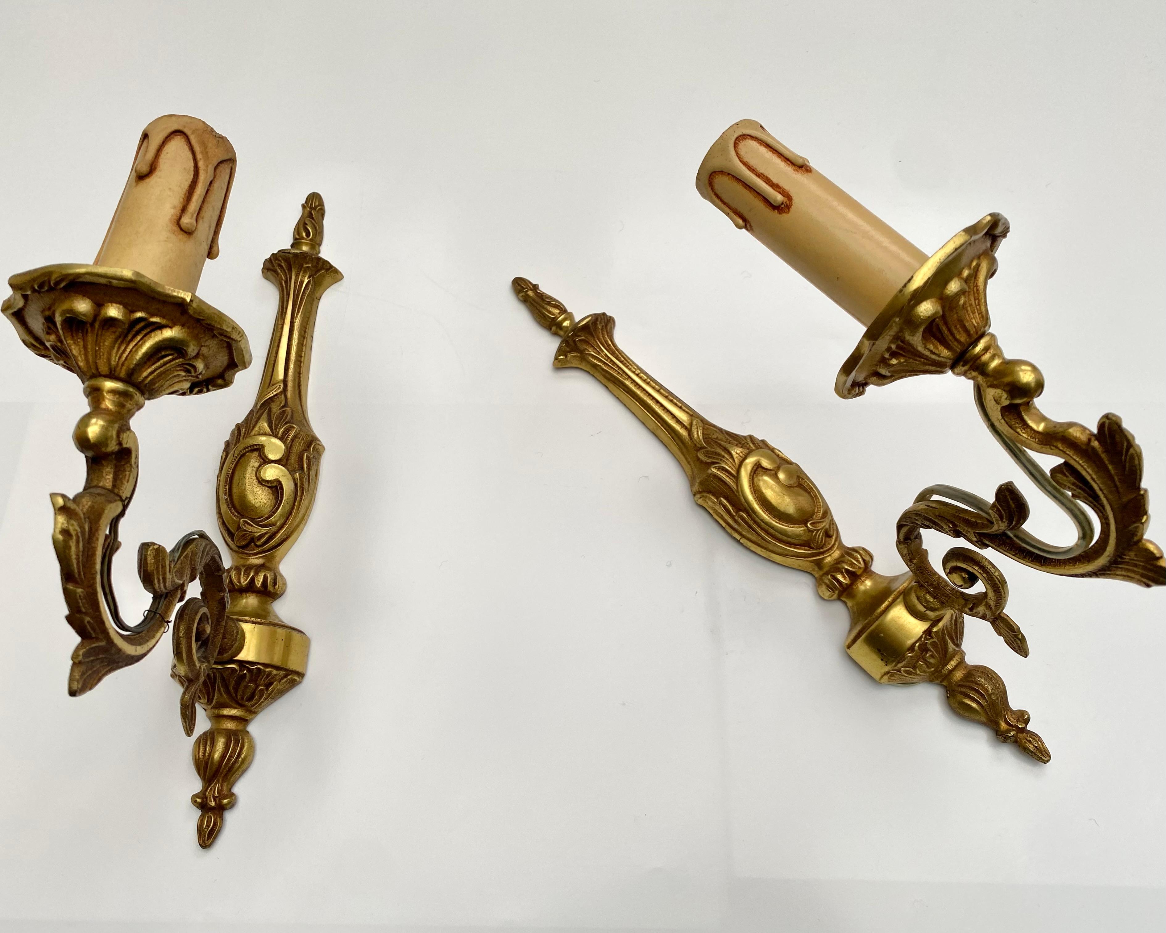 Mid-20th Century Wall Sconces Pair Vintage French Bronze Lamps NF Marked 1960s Mid-Century For Sale