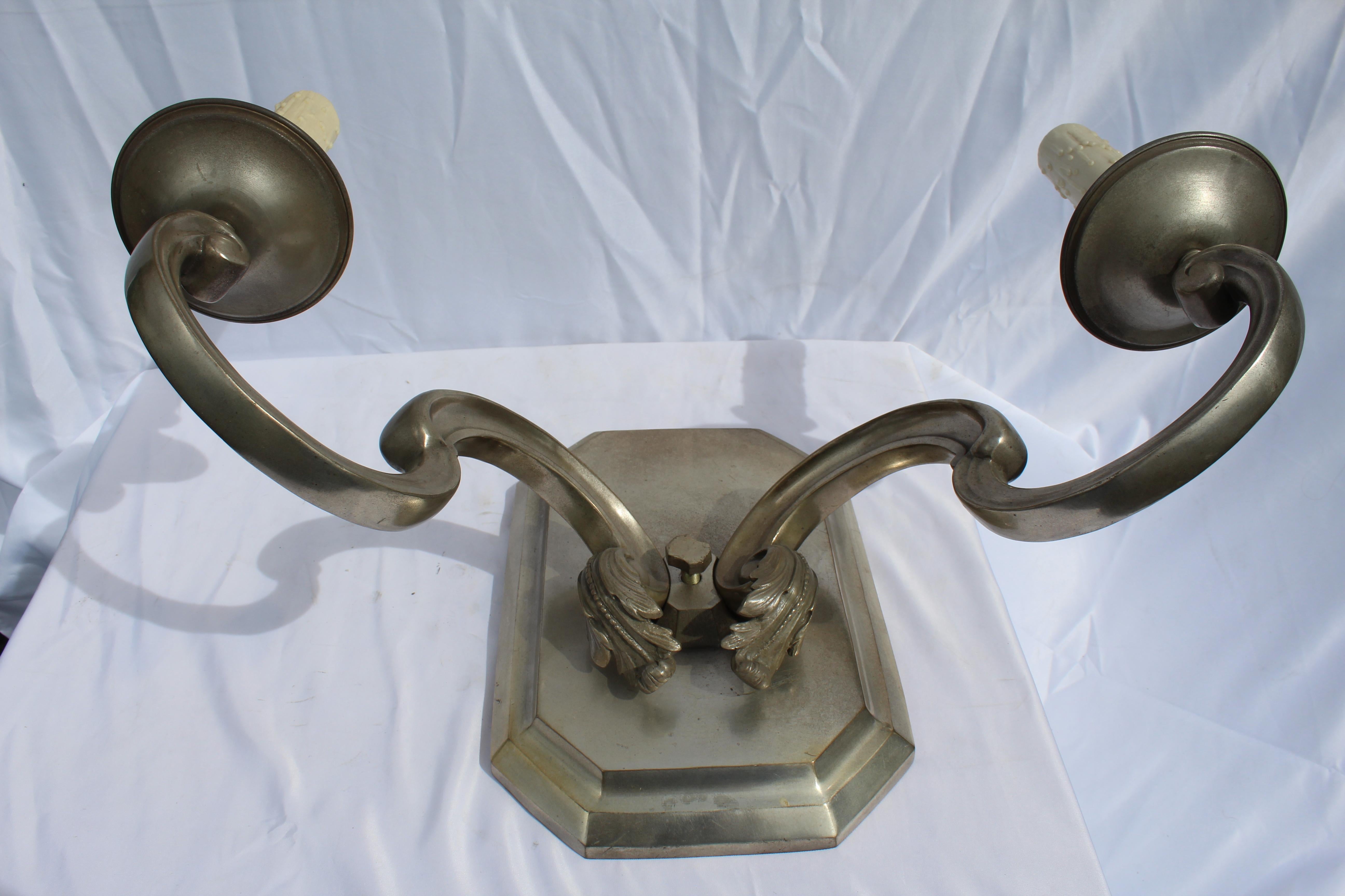 Modern Wall Sconces, Silvered Bronze, Two Arms Large Mid  century deco large a Pair For Sale