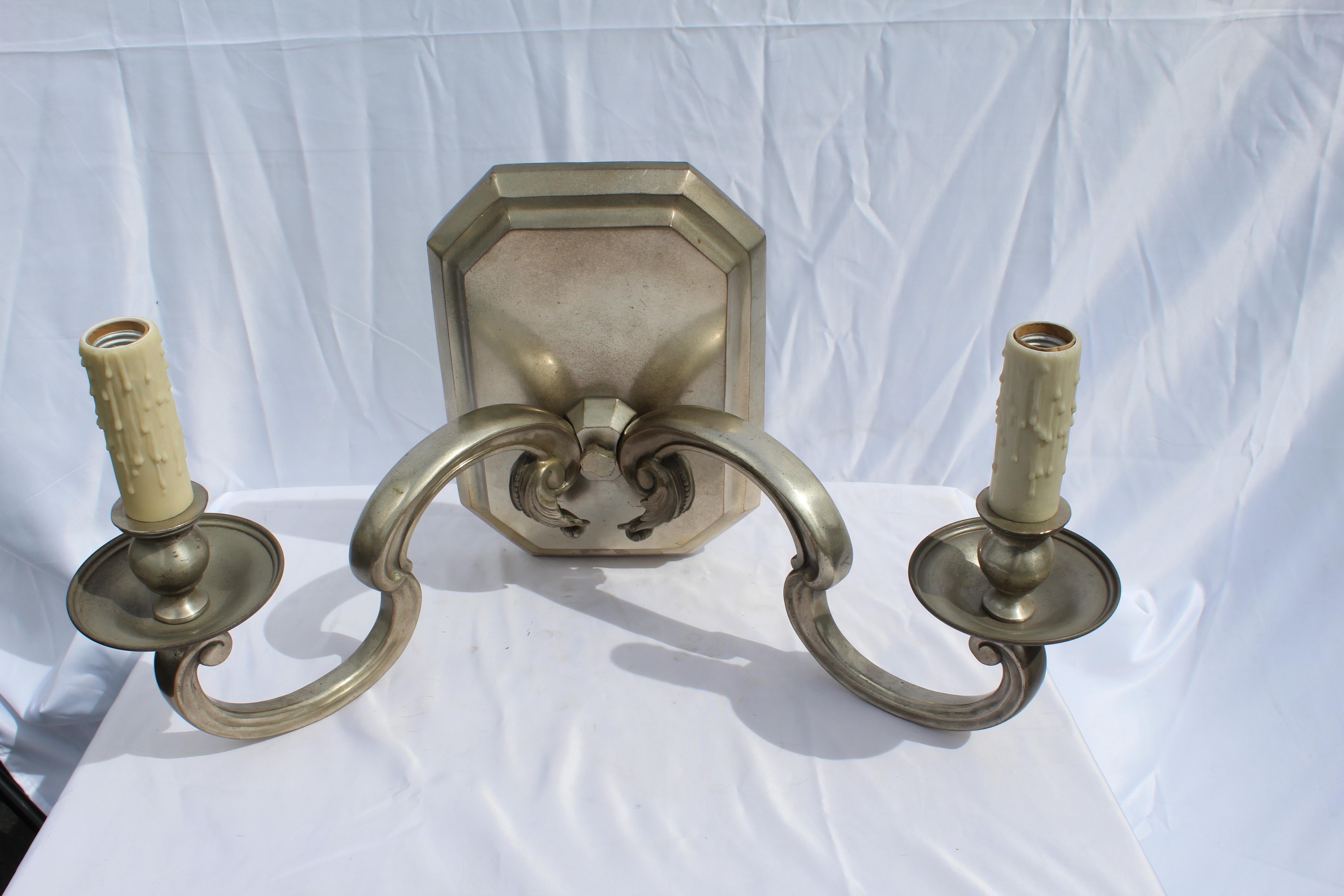 Late 20th Century Wall Sconces, Silvered Bronze, Two Arms Large Mid  century deco large a Pair For Sale