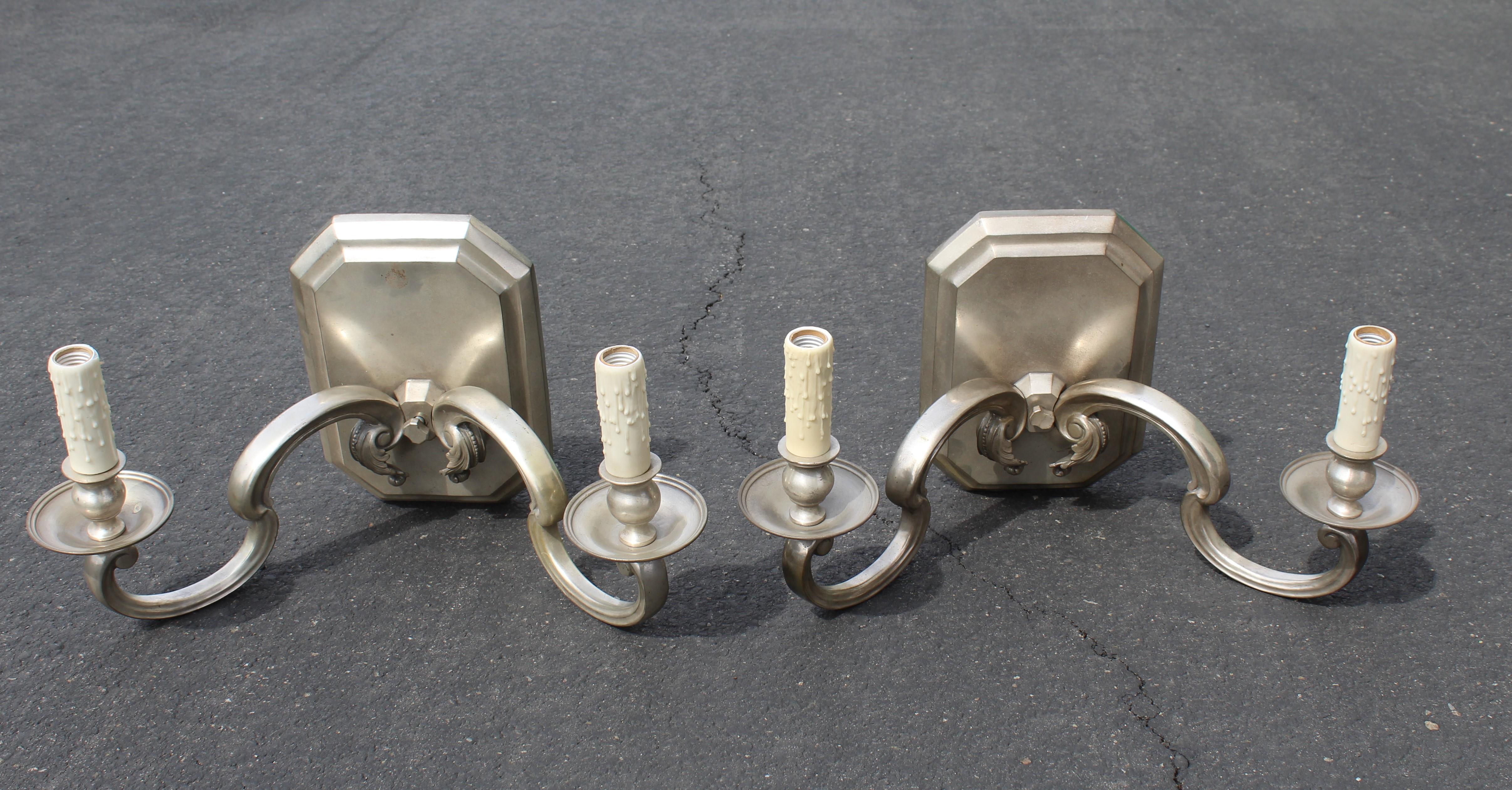 Wall Sconces, Silvered Bronze, Two Arms Large Mid  century deco large a Pair For Sale 1