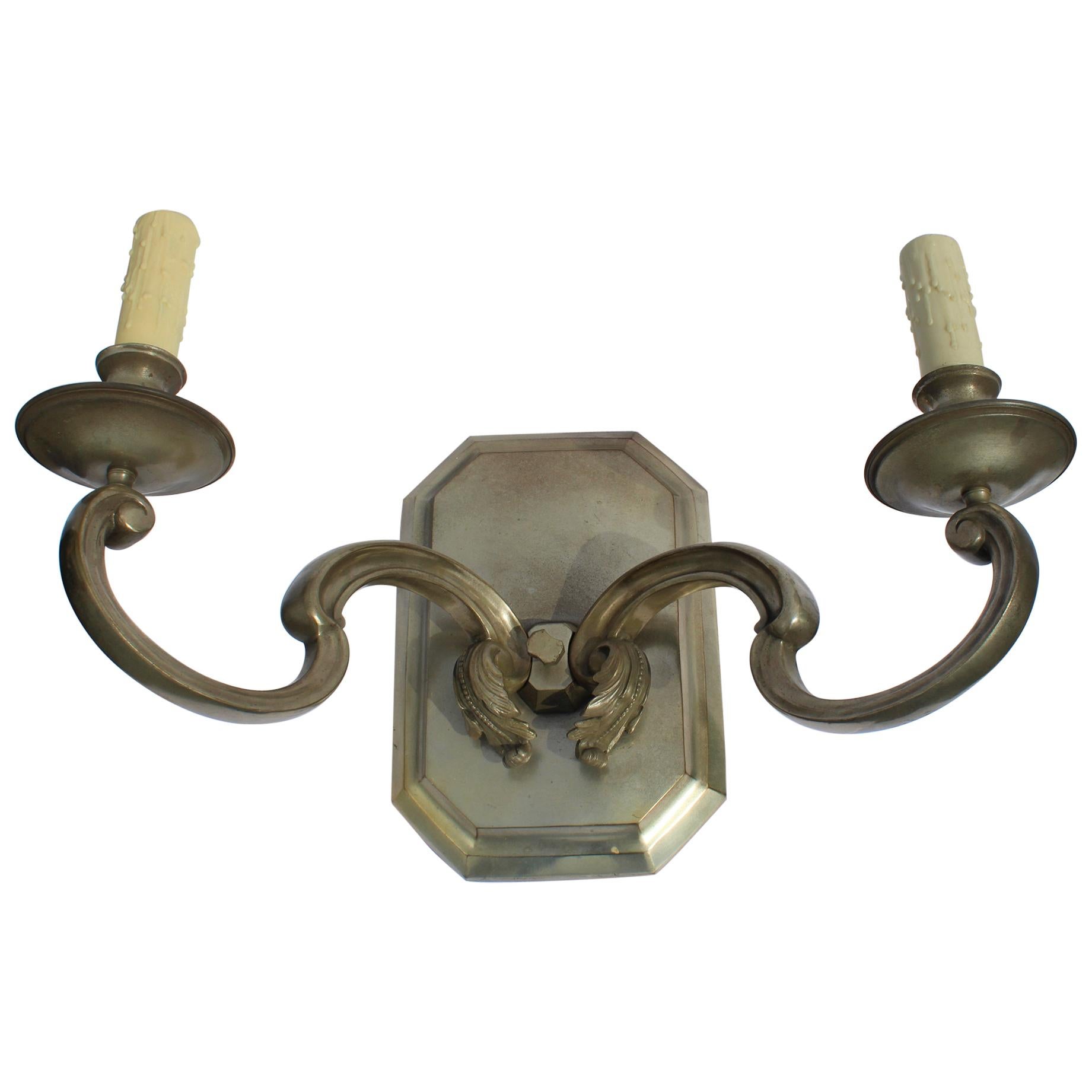 Wall Sconces, Silvered Bronze, Two Arms Large Mid  century deco large a Pair For Sale