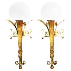 Wall Sconces Torch Form with Glove Opaline Glass, Pair