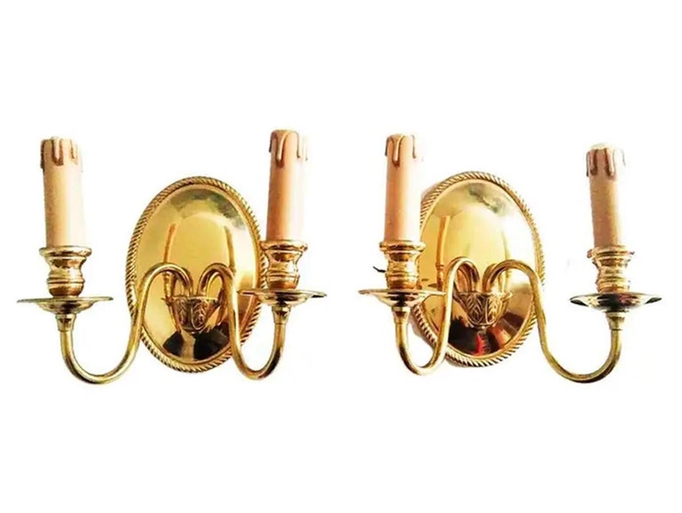 French Wall Sconces With Two Lights Brass Gold Louis XVI Style, Mid 20th Century France For Sale