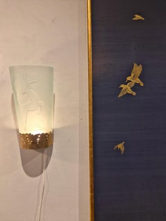 Wall scones, a pair in etched glass decor of stag, attr. Glössner Swedish Modern