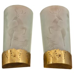Wall scones, a pair in etched glass decor of stag, attr. Glössner Swedish Modern