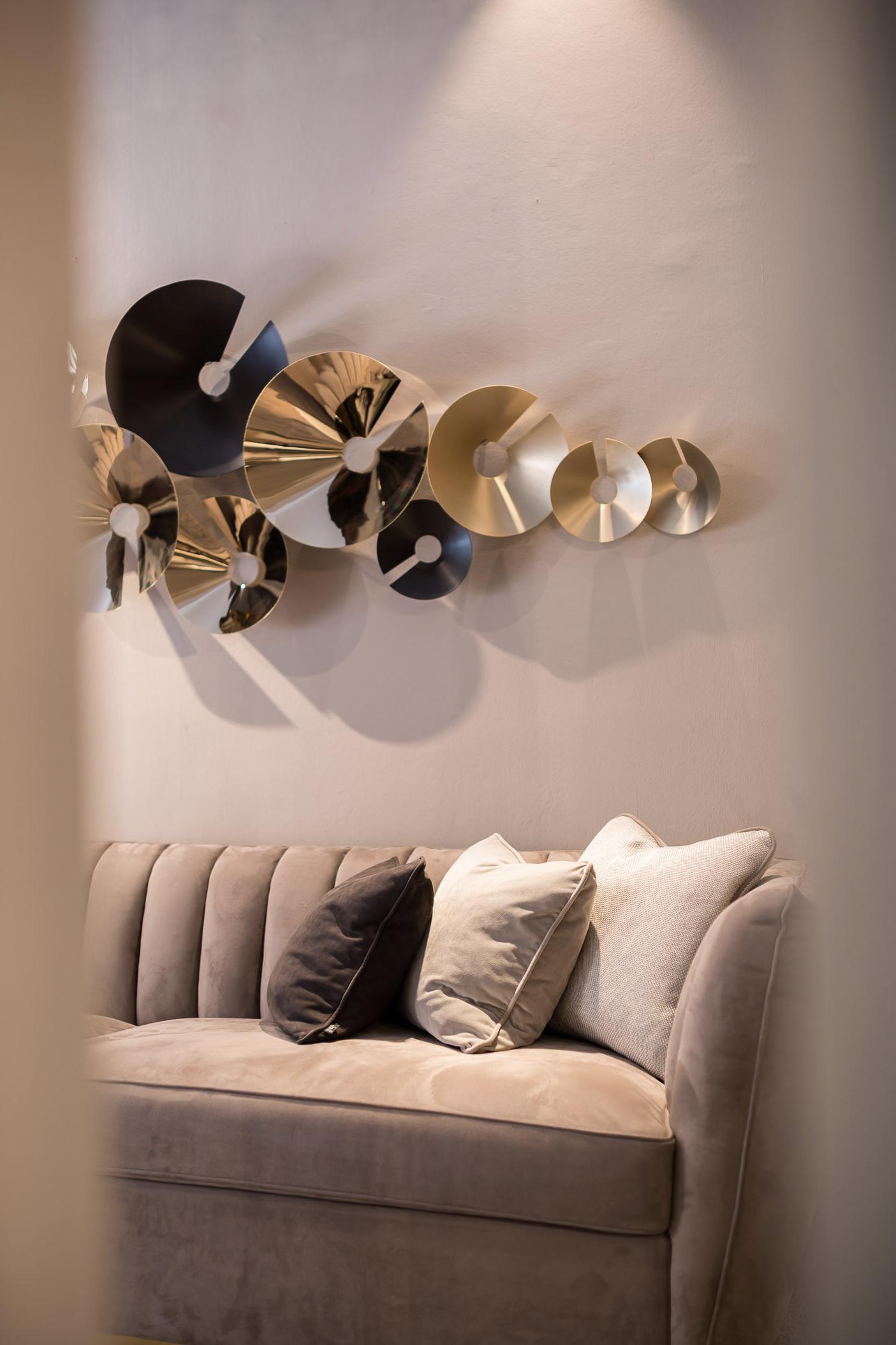 Abstract metal wall  contemporary sculpture by Andrea Bonini different finish of metals.
The sculpture is designed on the golden section concept and is an abstract game of shadows and shining metal effect.
Hand craft made by the designer in a single