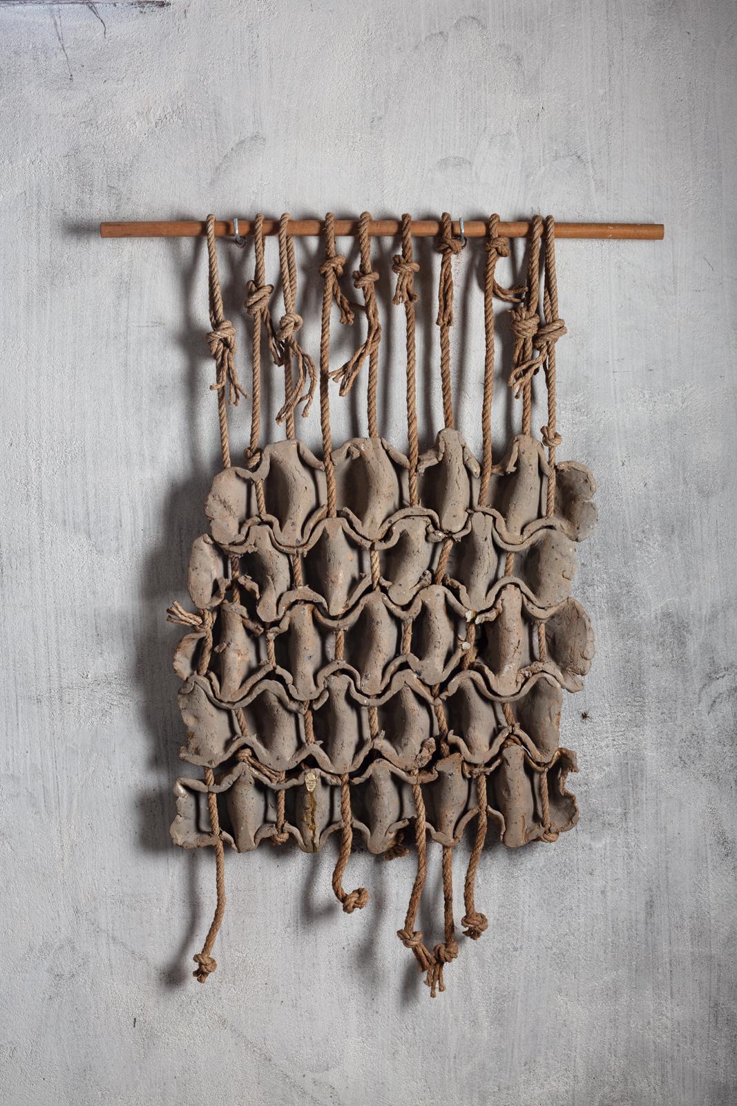 Beaux Arts Wall Sculpture Entitled «Tressage» in Brown Stoneware and Rope, Anne Barrès For Sale