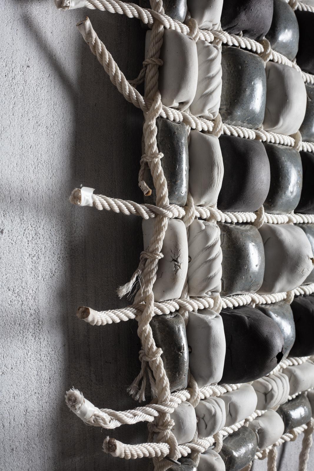 French Wall Sculpture Entitled «Tressage» in Porcelain, Stoneware and Rope, Anne Barrès For Sale