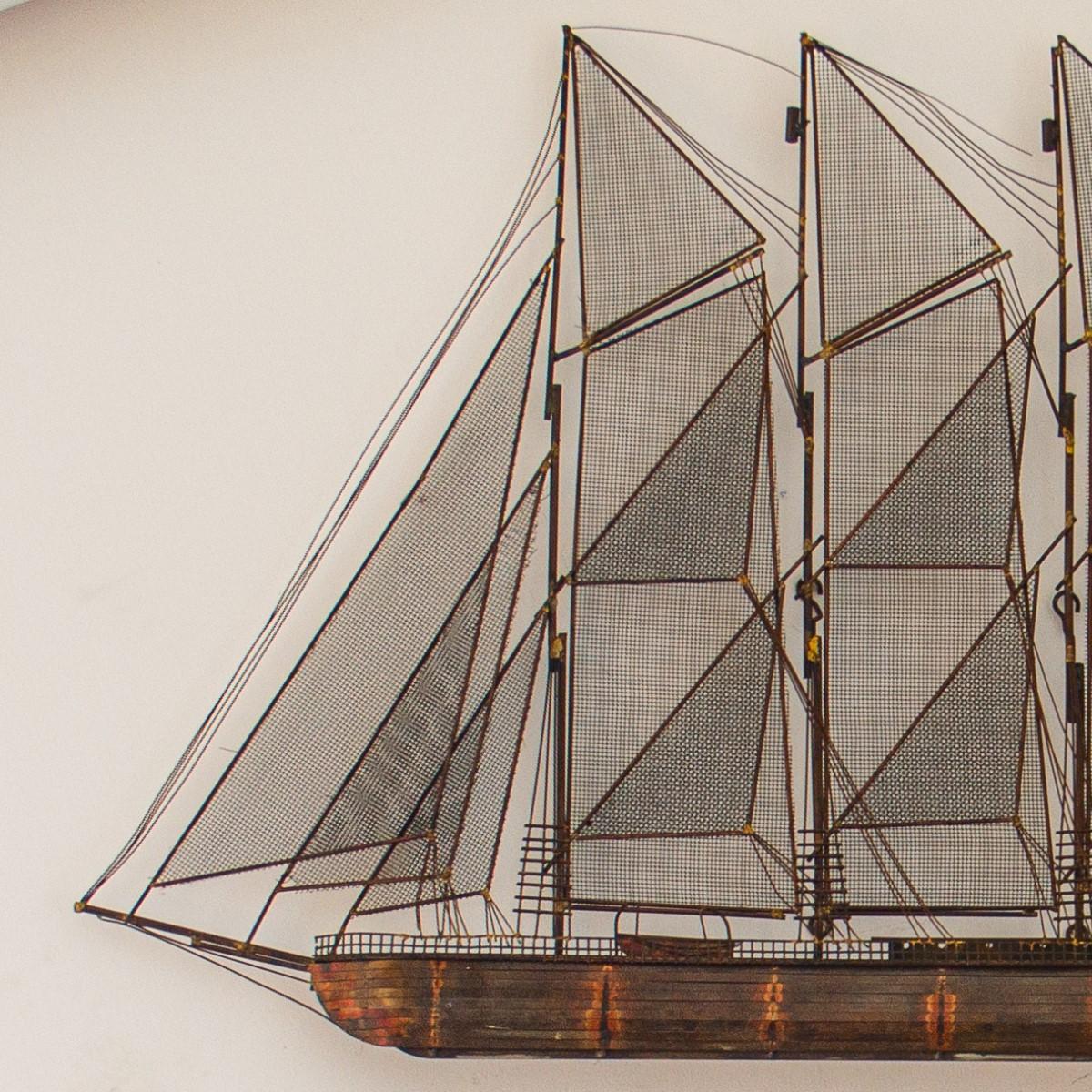 Brutalist Wall Sculpture of a Brig Under Full Sale by Curtis Jere 1975, signed
