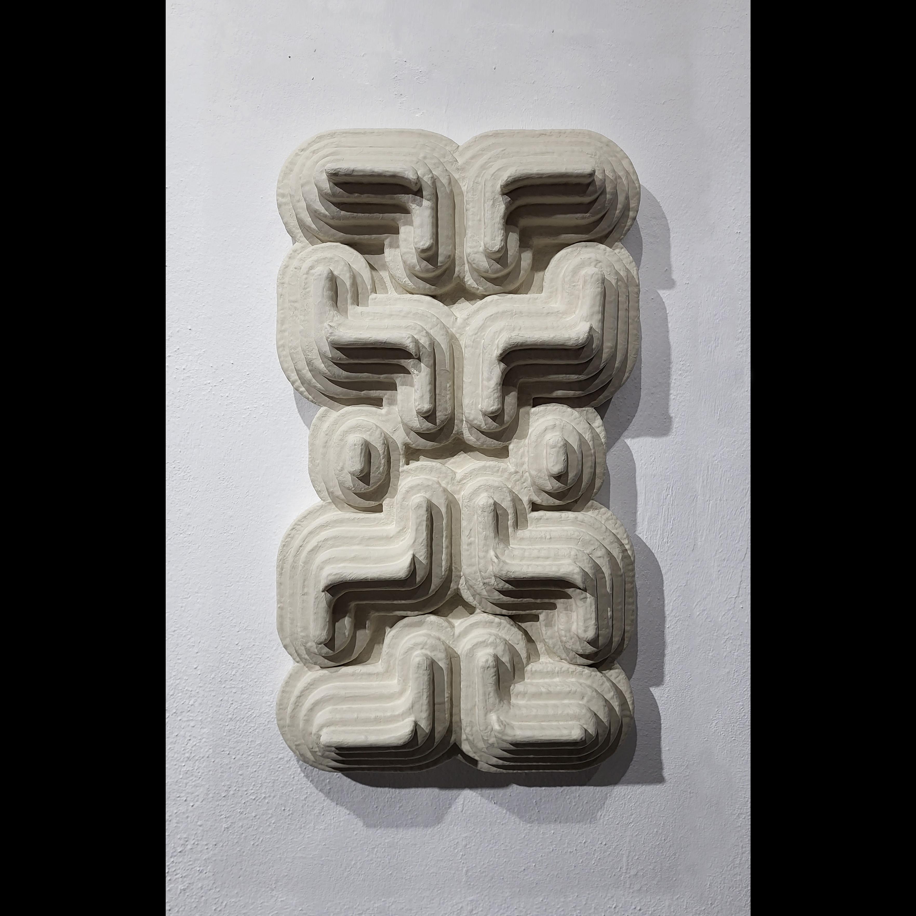 Hand-Carved Wall Sculpture White Contemporary Geometric Totem Brutalist Wood Organic Plaster For Sale