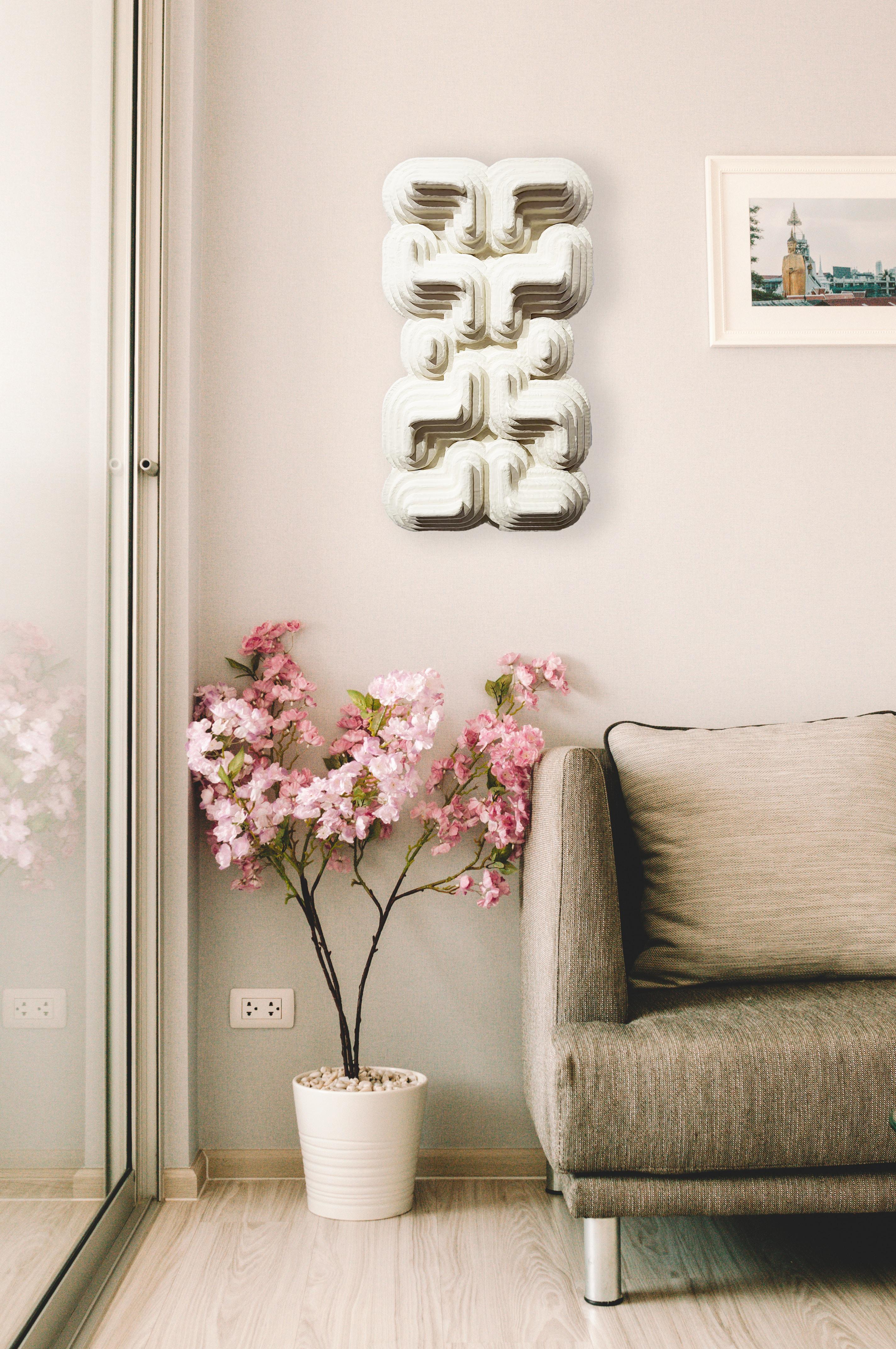 Modern Wall Sculpture White Contemporary Geometric Totem Brutalist Wood Organic Plaster For Sale