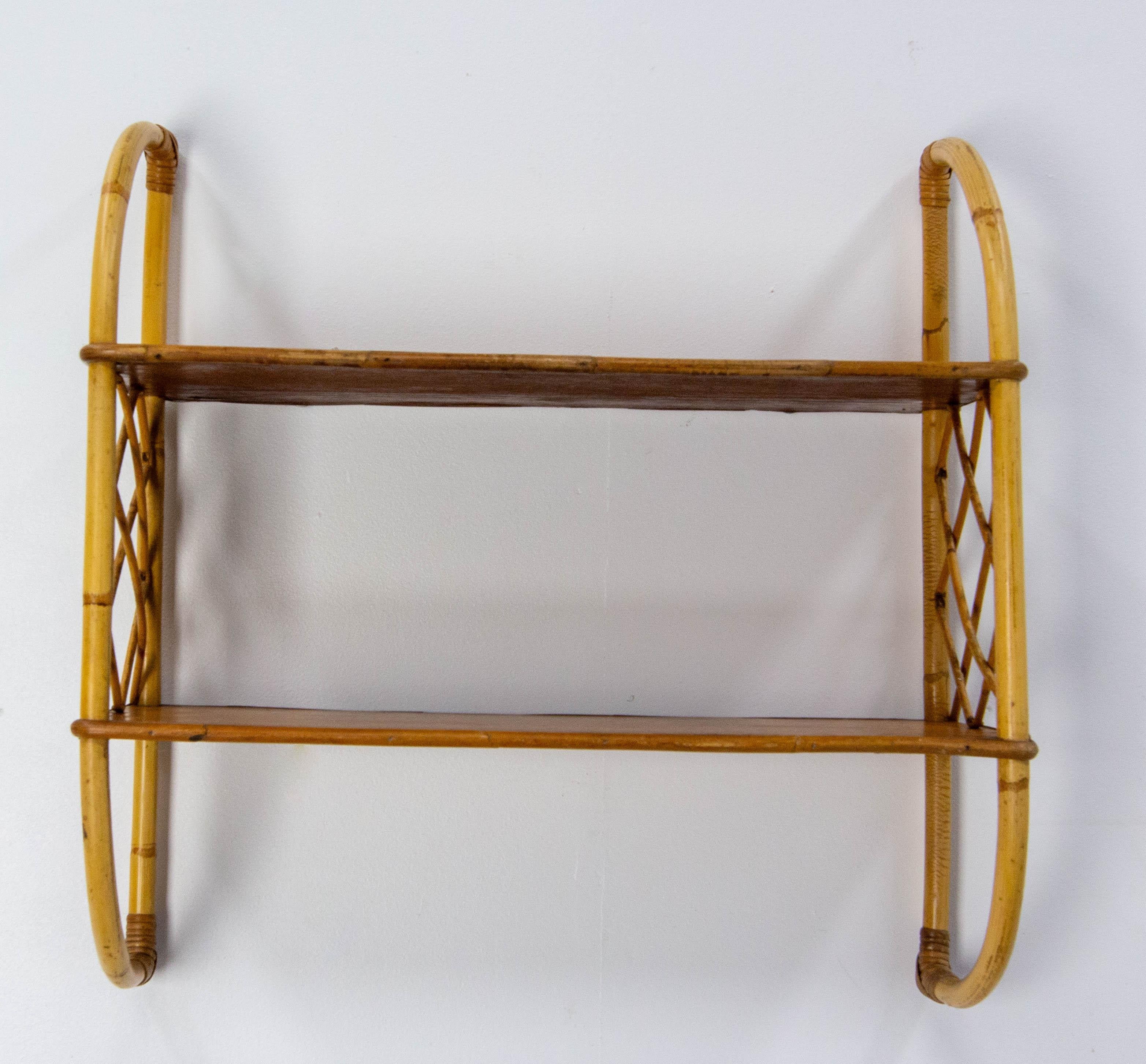 Mid-Century Modern Wall Shelves Rattan and Wood, French circa 1970 For Sale