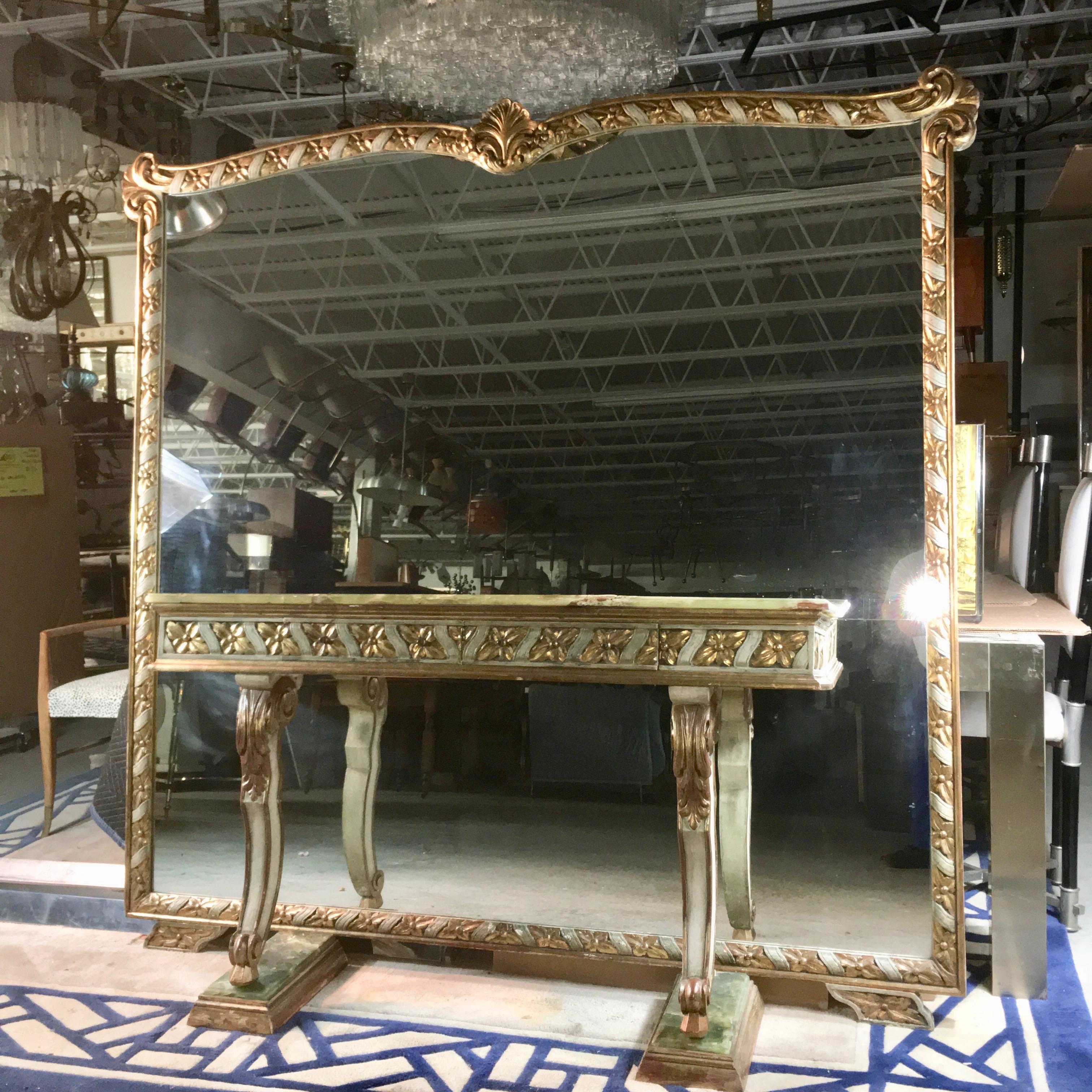Mid-20th Century Wall Size Italian Hall Mirror with Onyx Console