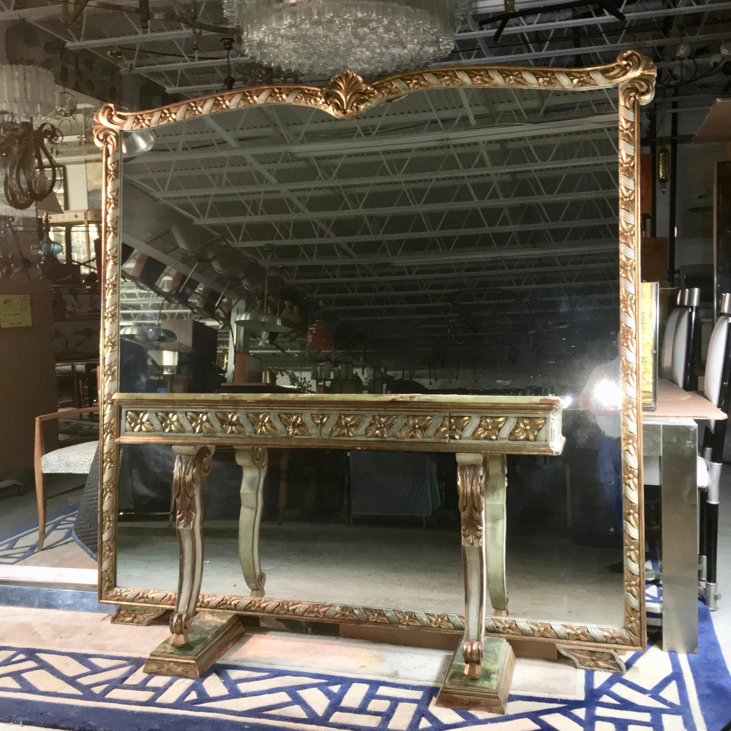 Giltwood Wall Size Italian Hall Mirror with Onyx Console