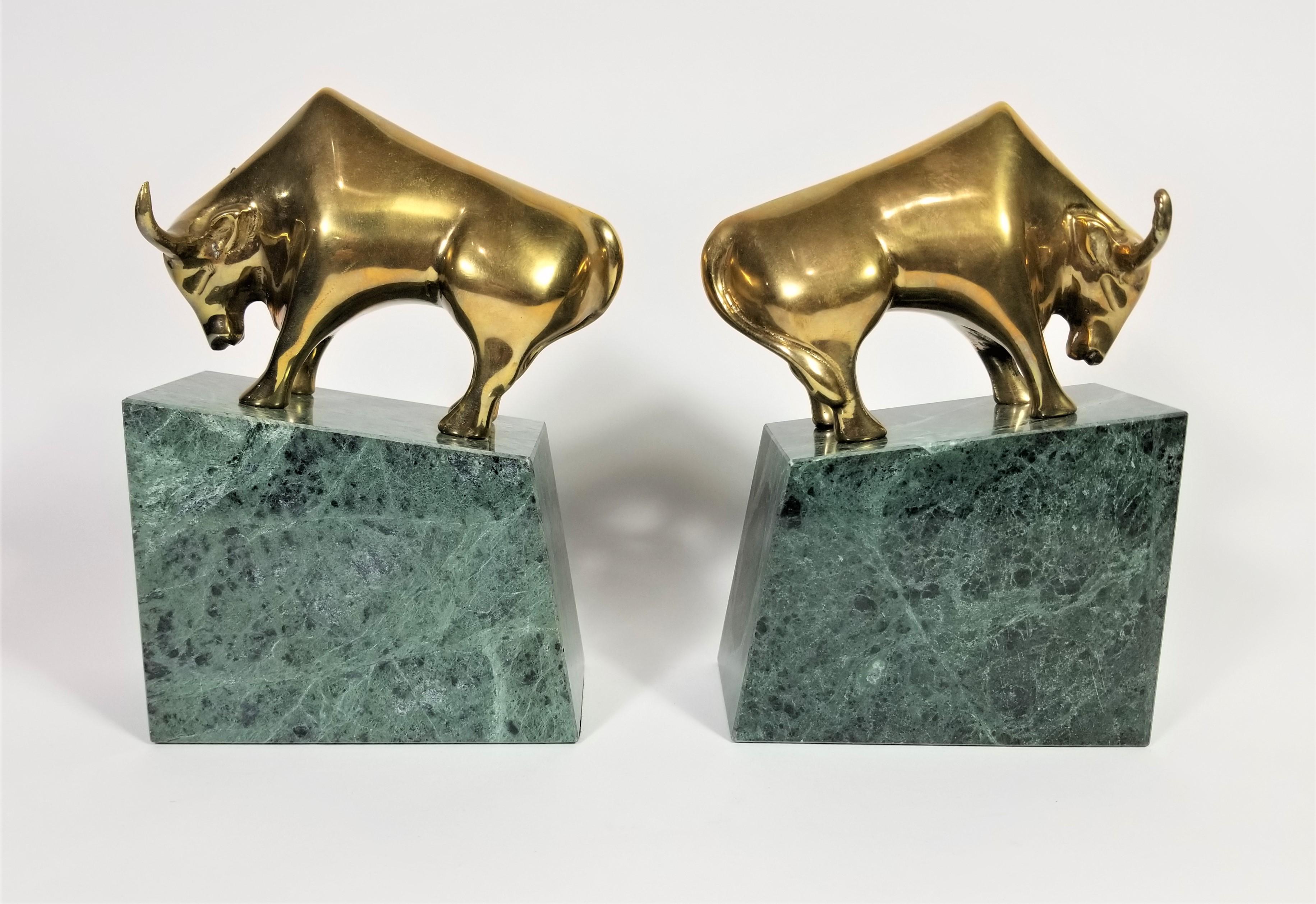 Wall Street Bookends Green Marble with Brass Bulls  For Sale 6