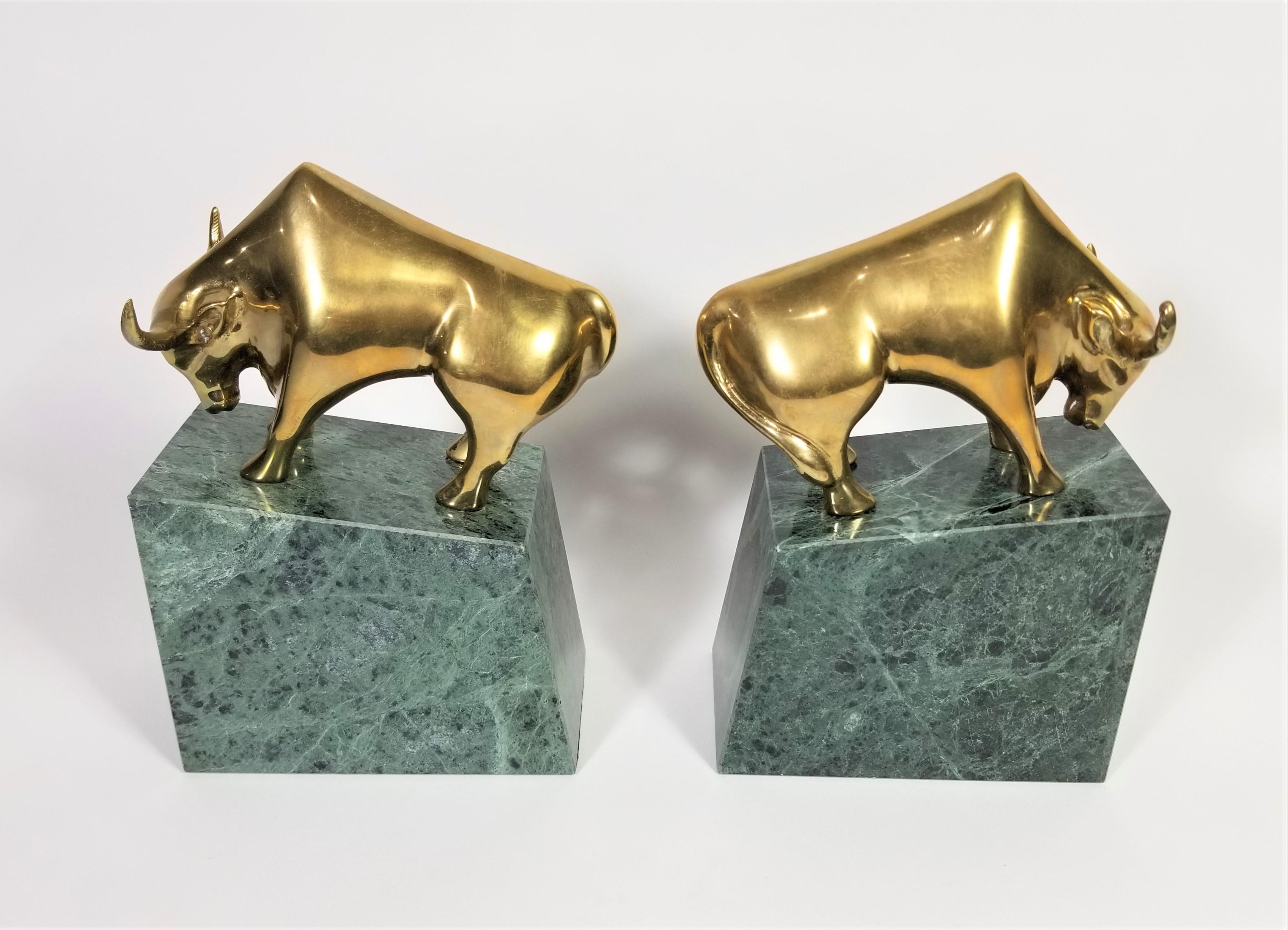 Wall Street Bookends Green Marble with Brass Bulls  For Sale 7