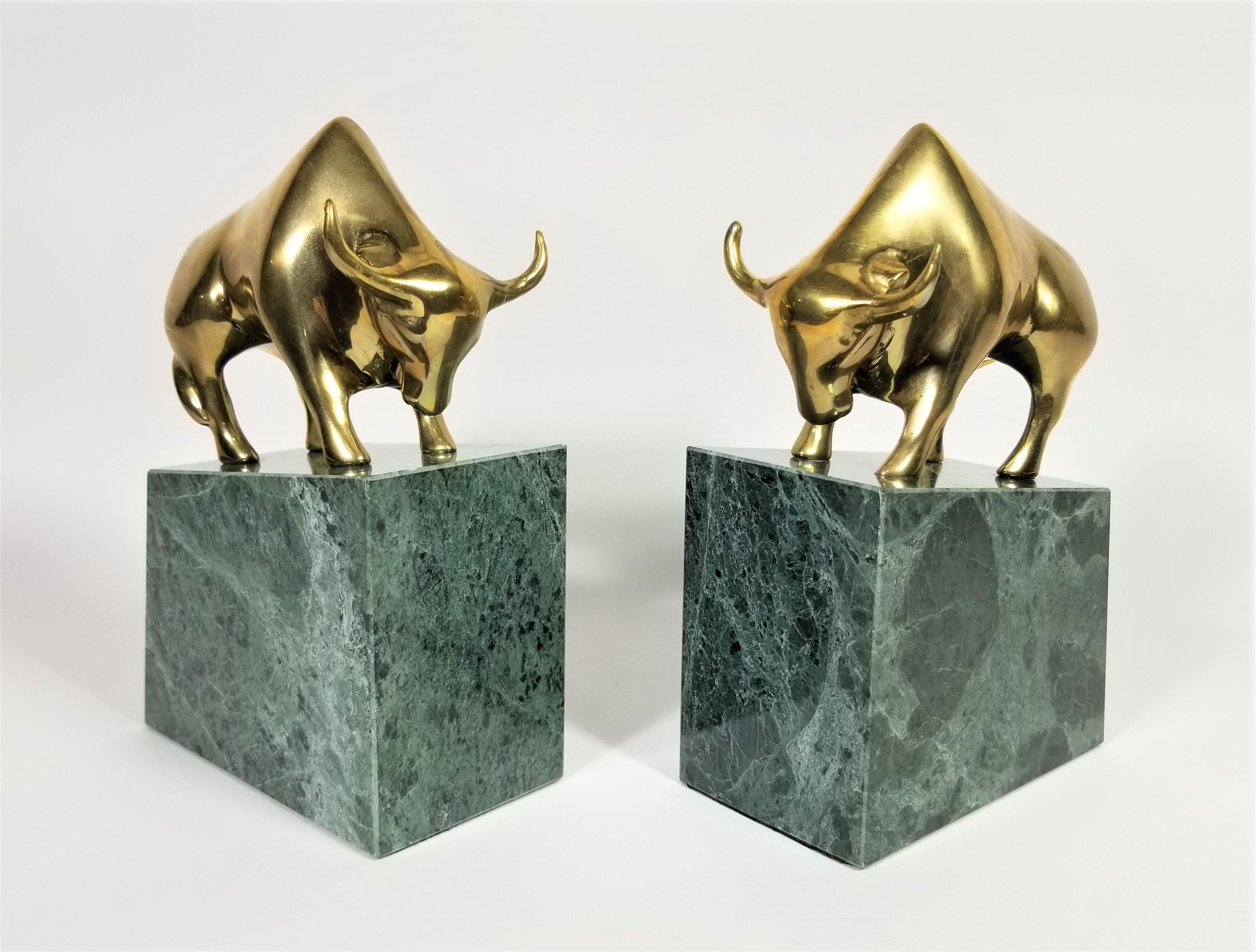 Wall Street Bookends Green Marble with Brass Bulls  For Sale 8