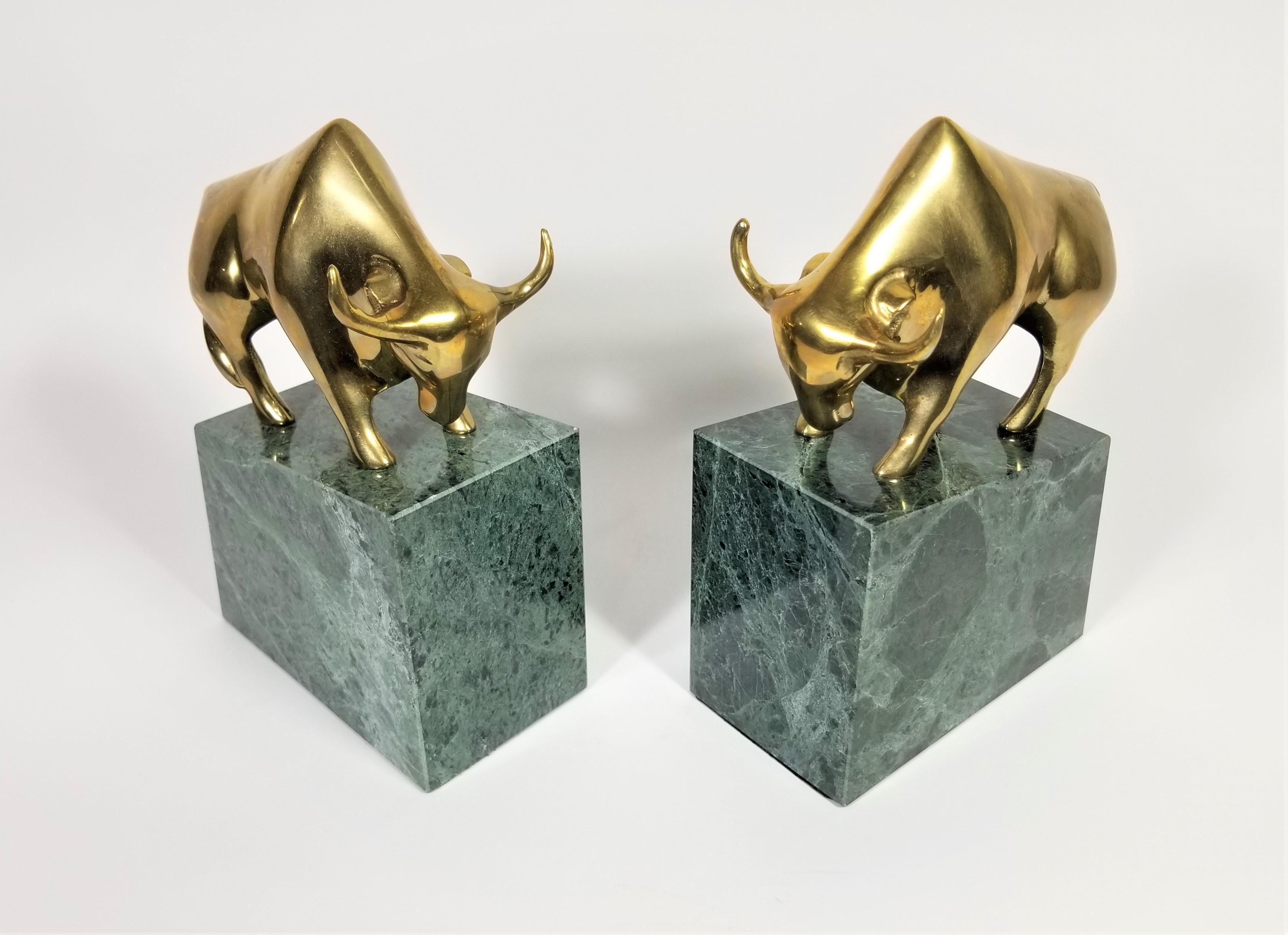 20th Century Wall Street Bookends Green Marble with Brass Bulls  For Sale