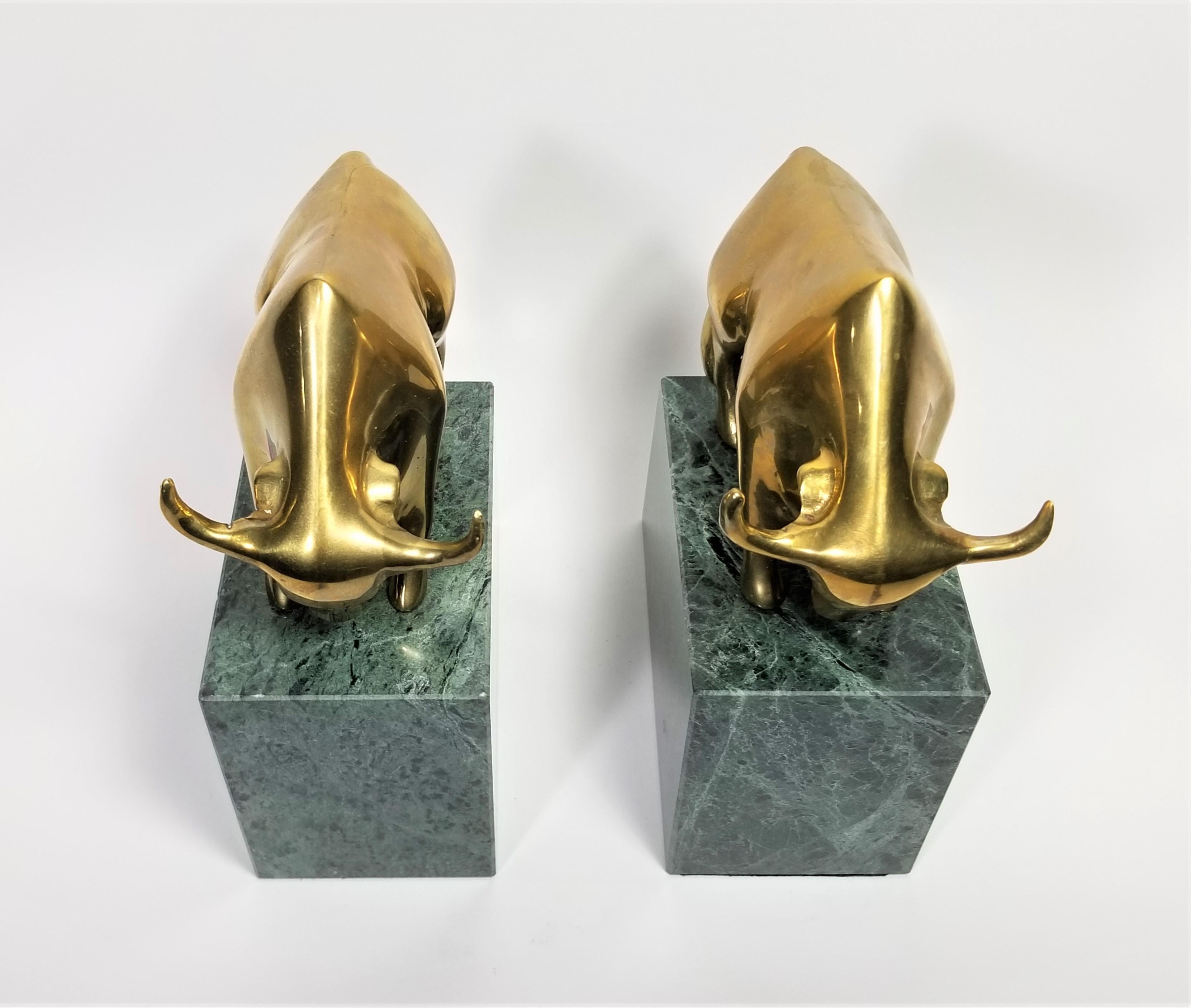 Wall Street Bookends Green Marble with Brass Bulls  For Sale 1