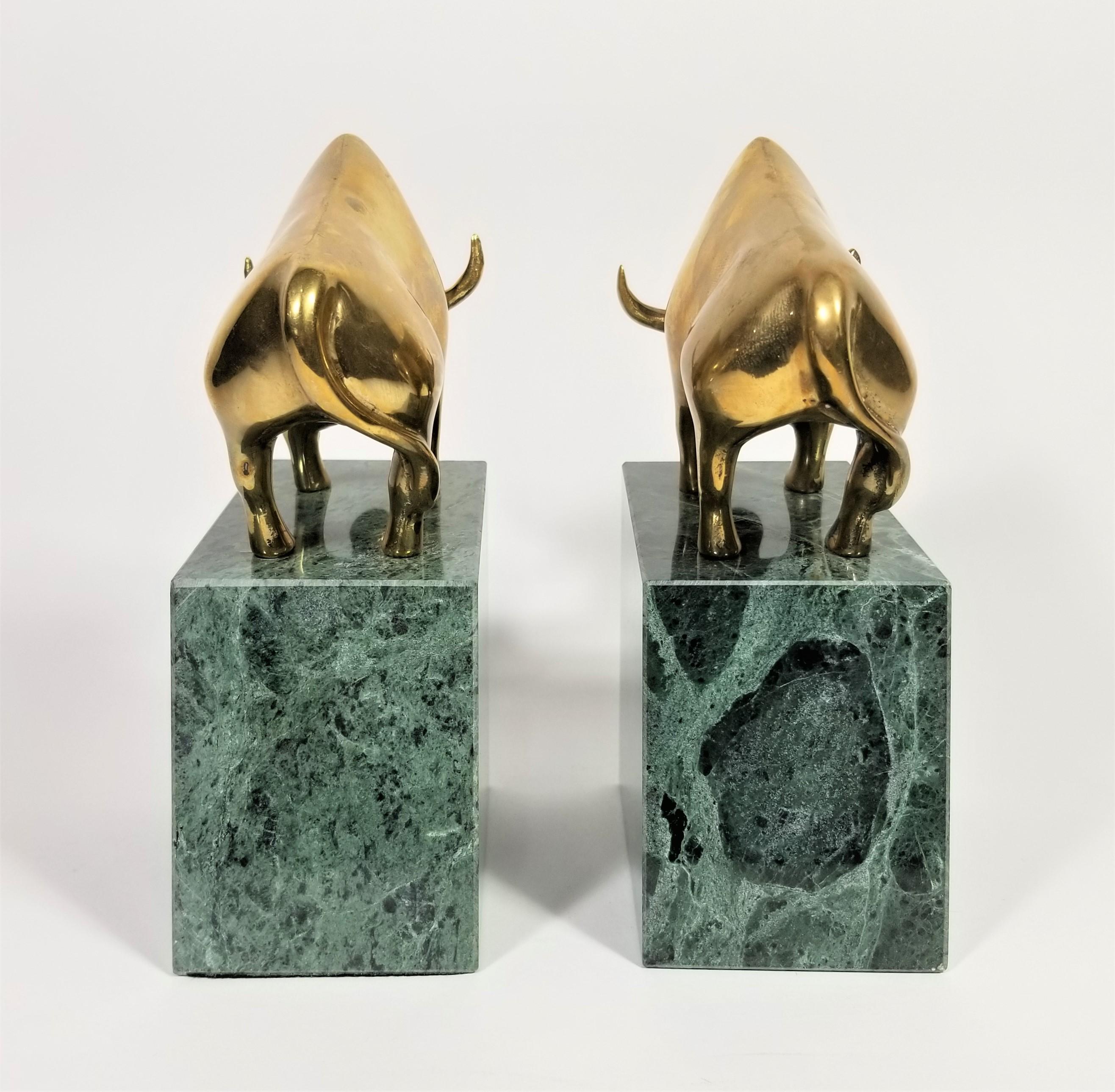 Wall Street Bookends Green Marble with Brass Bulls  For Sale 2