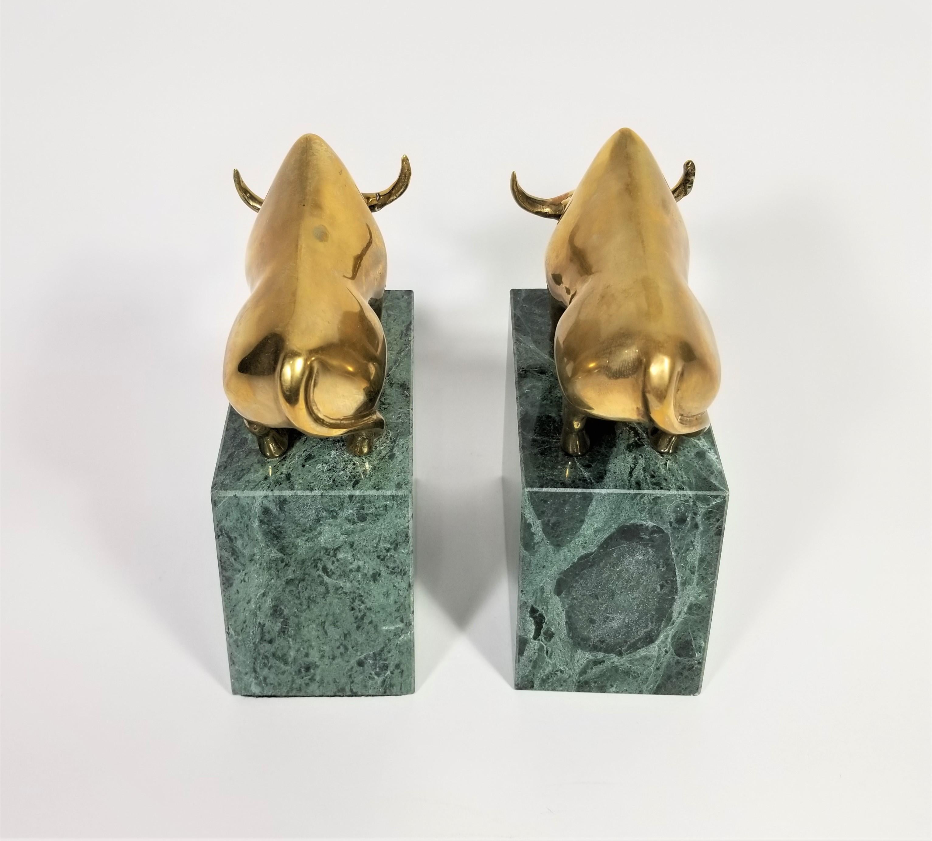 Wall Street Bookends Green Marble with Brass Bulls  For Sale 3