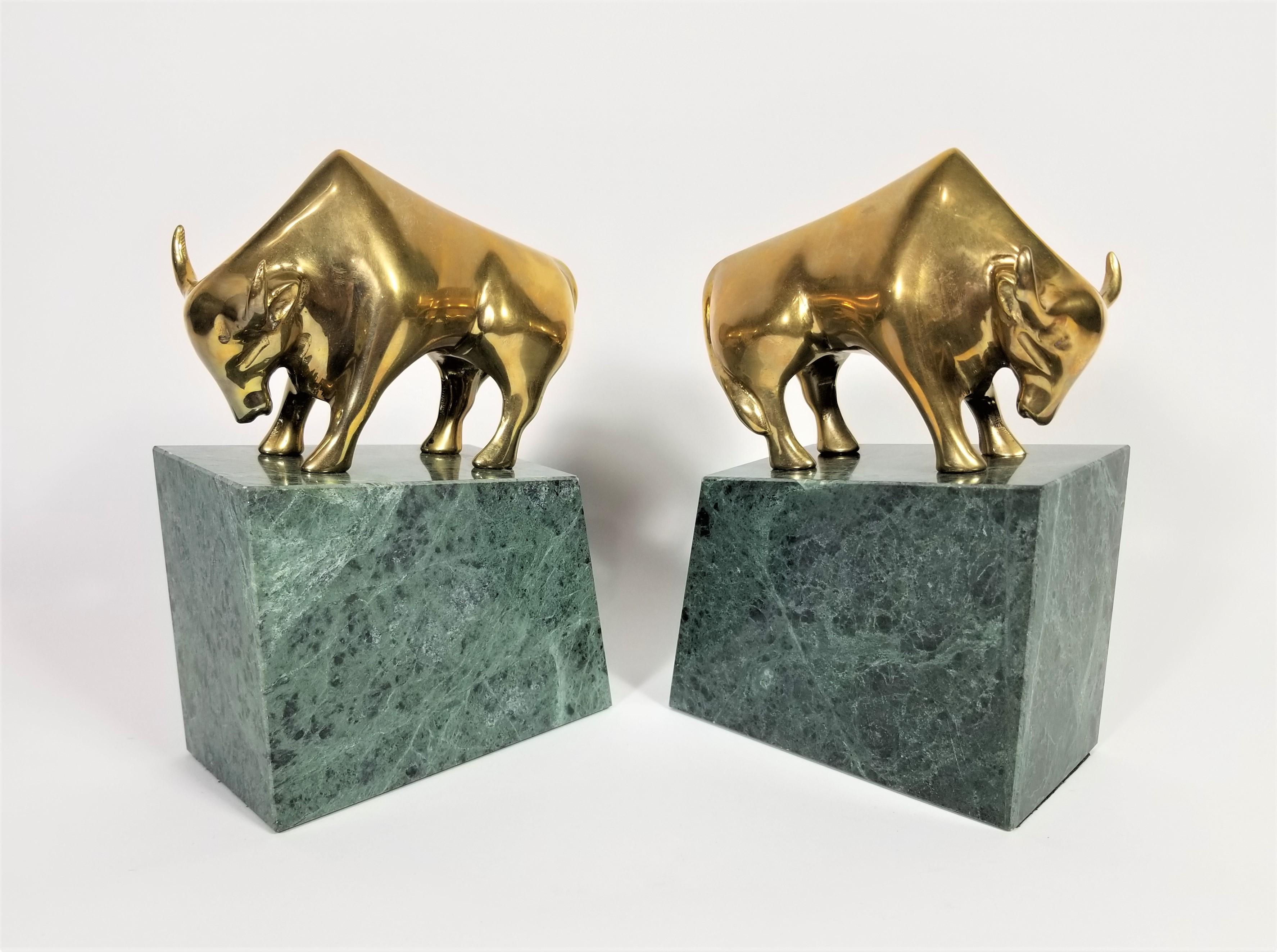 Wall Street Bookends Green Marble with Brass Bulls For Sale 4