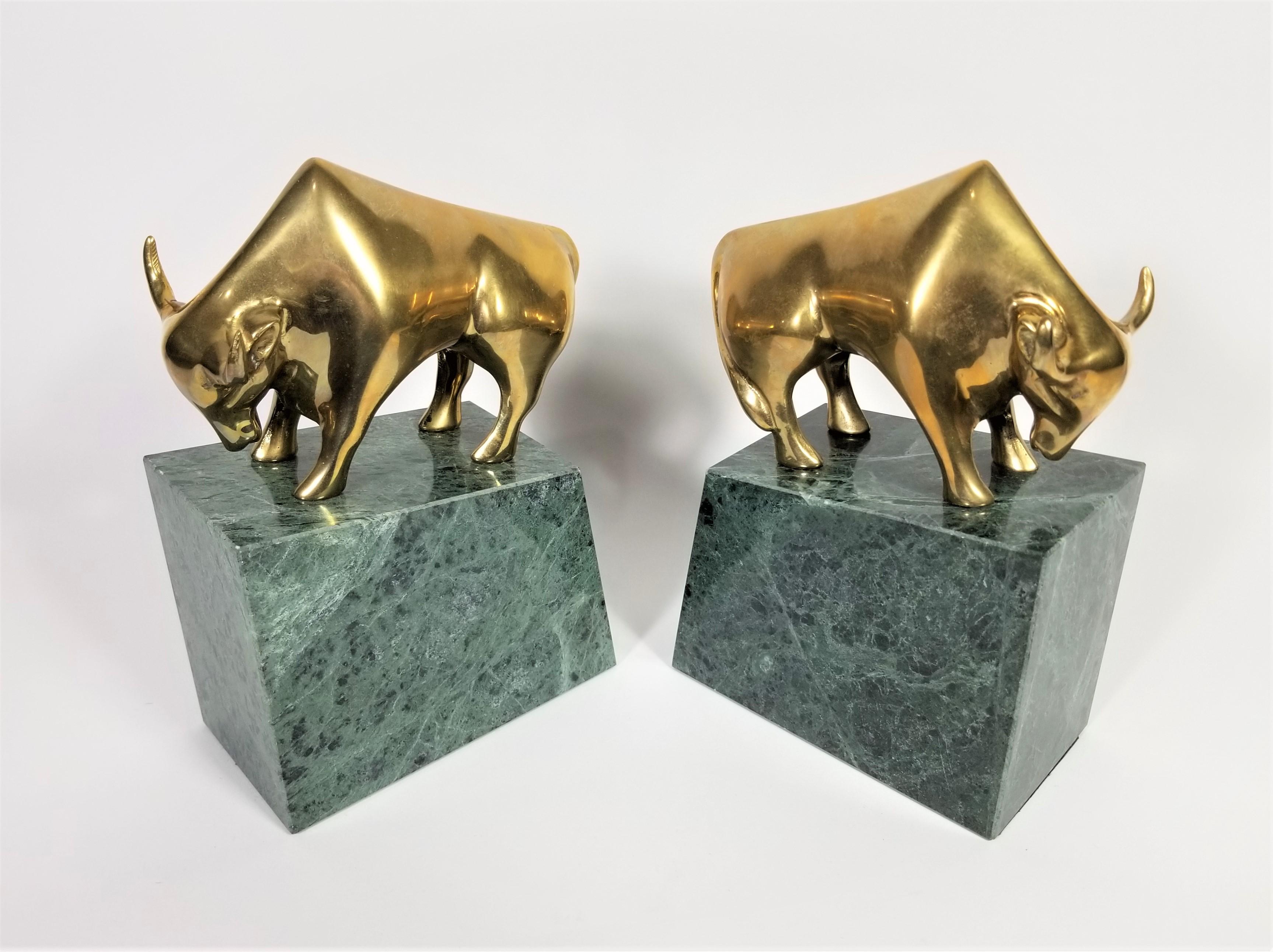 Wall Street Bookends Green Marble with Brass Bulls  For Sale 5