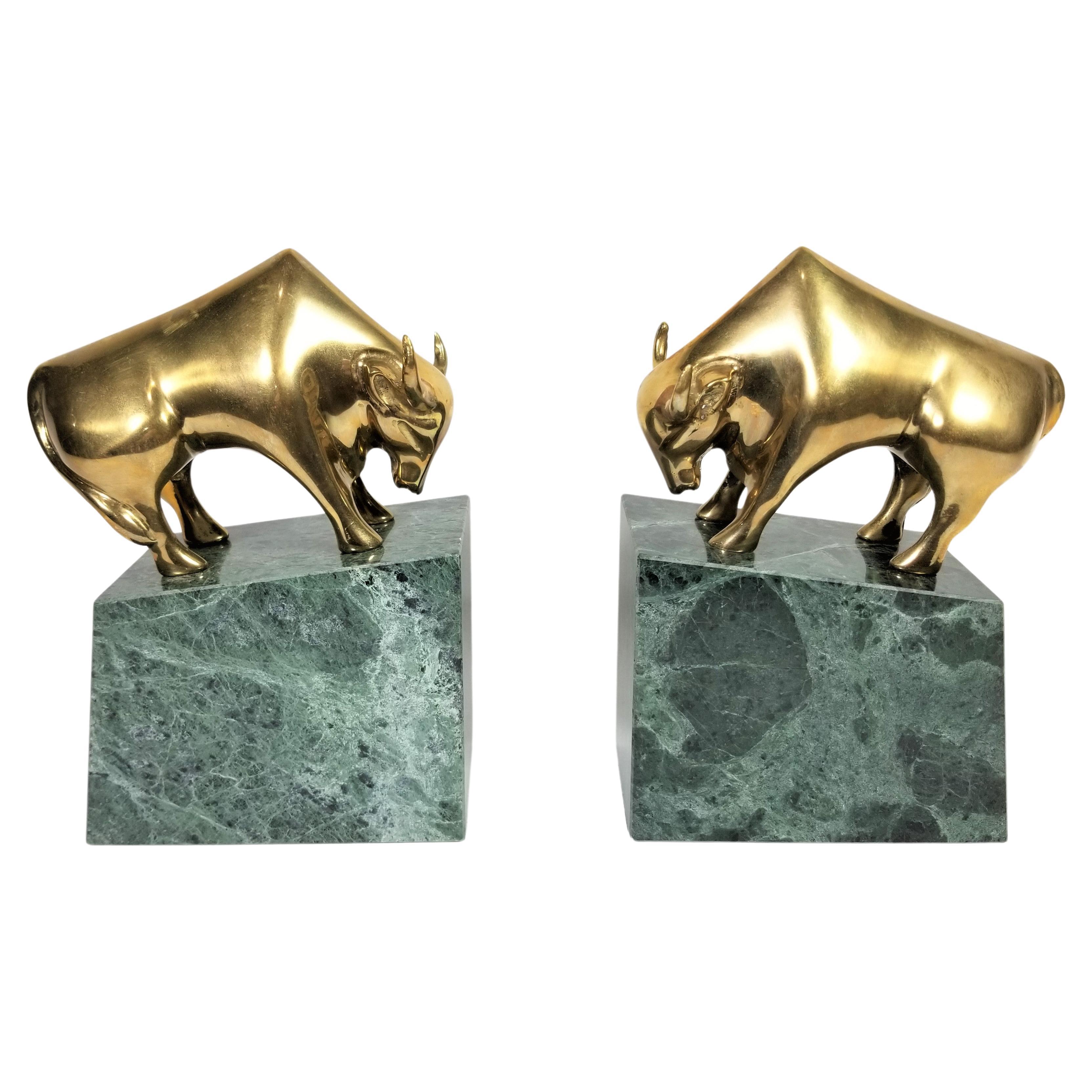 Wall Street Bookends Green Marble with Brass Bulls  For Sale