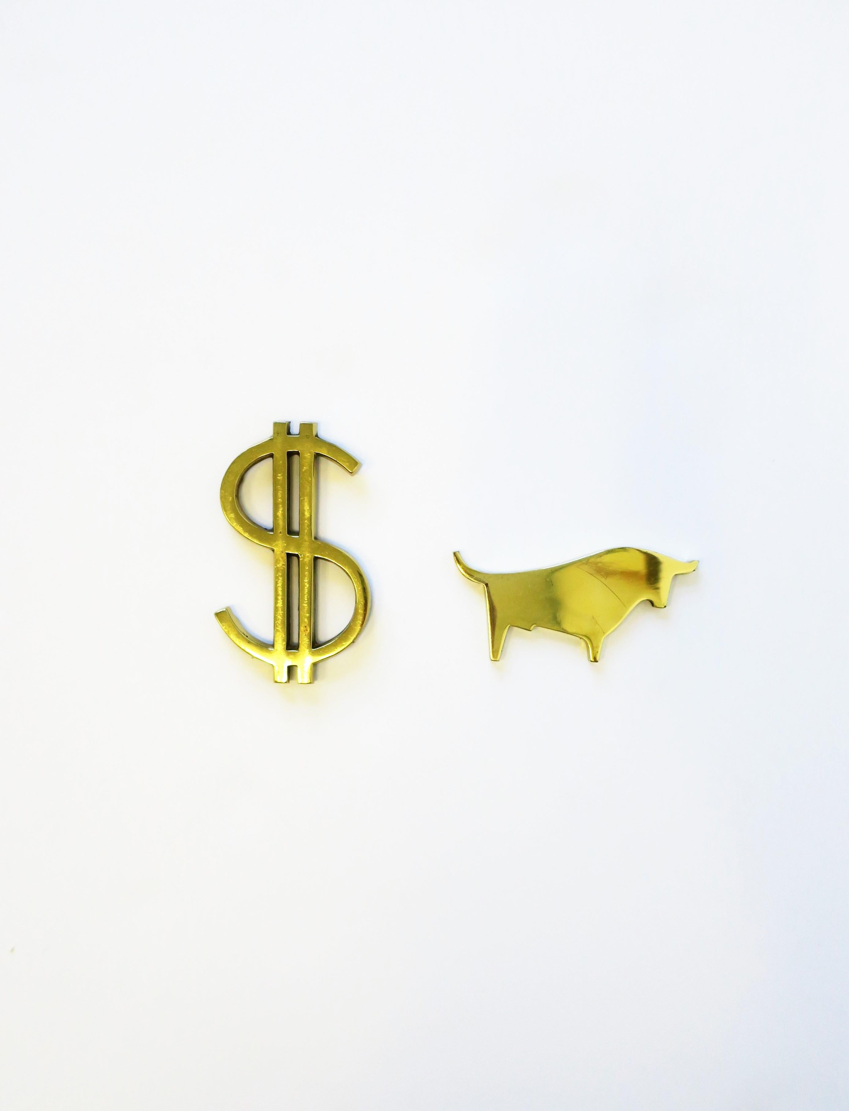 Japanese Wall Street Dollar Sign and Bull Brass Desk Paperweights For Sale