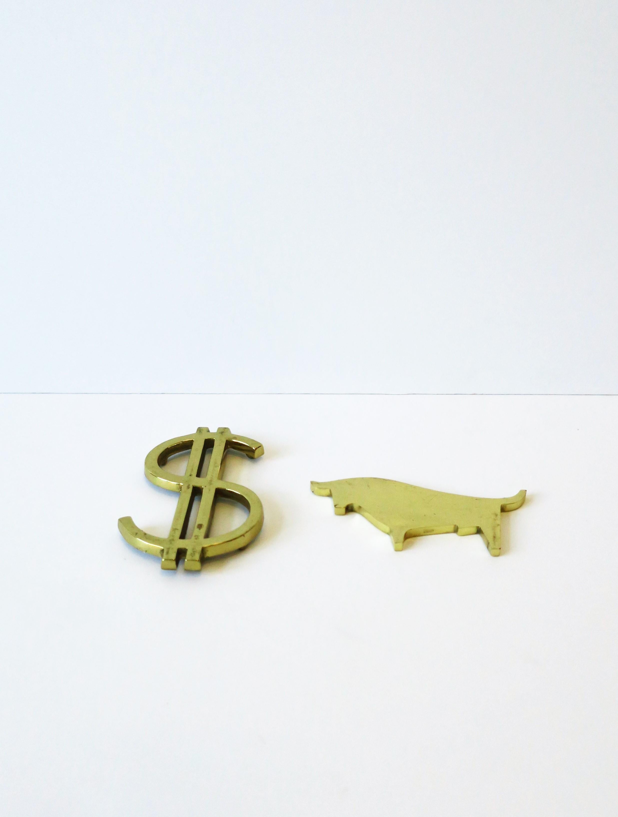 Lacquered Wall Street Dollar Sign and Bull Brass Desk Paperweights For Sale