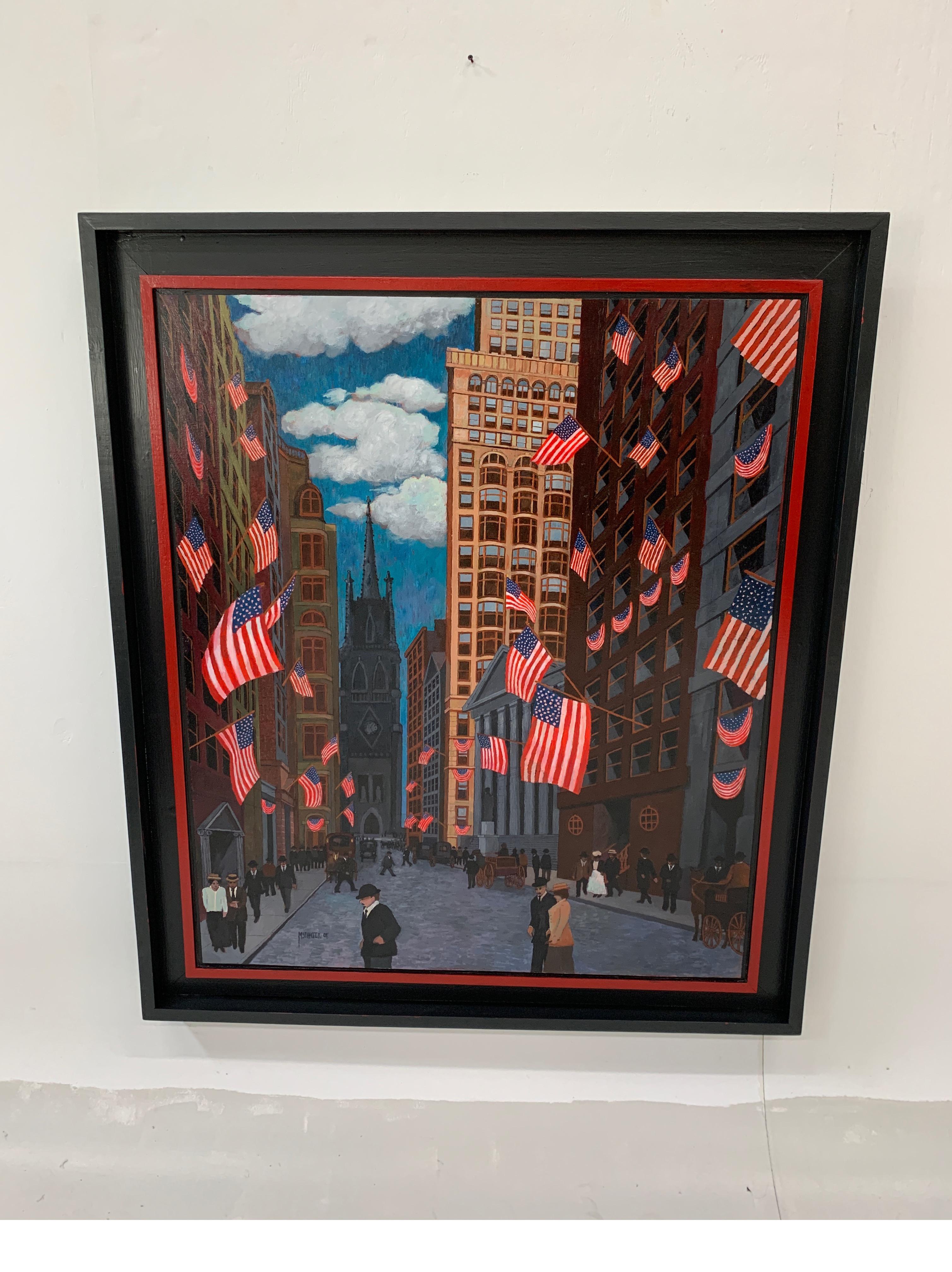 A vibrant oil painting of Wall Street NYC showing St. Marks church in the background. The cityscape is decorated for the Fourth of July, depicting the early part of the 20th century, circa 1905. The artist captured the time period from actual photos