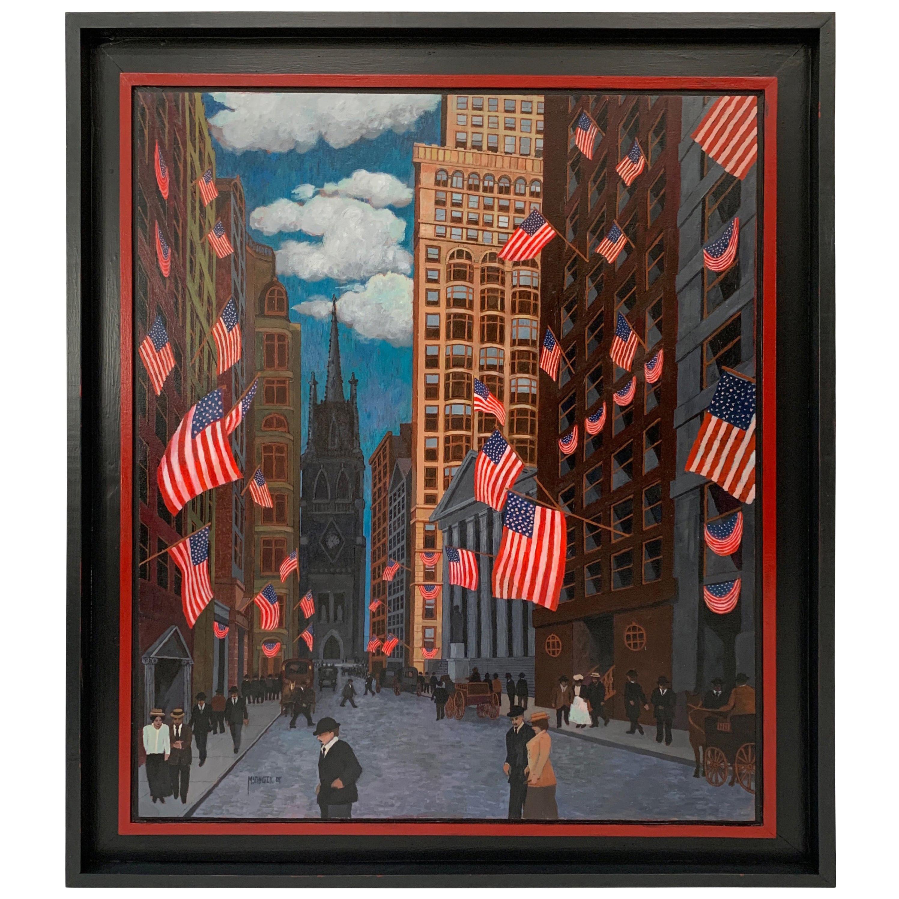 Peinture à l'huile « A Bullish Fourth » de Malcolm Schacter, Wall Street, New York