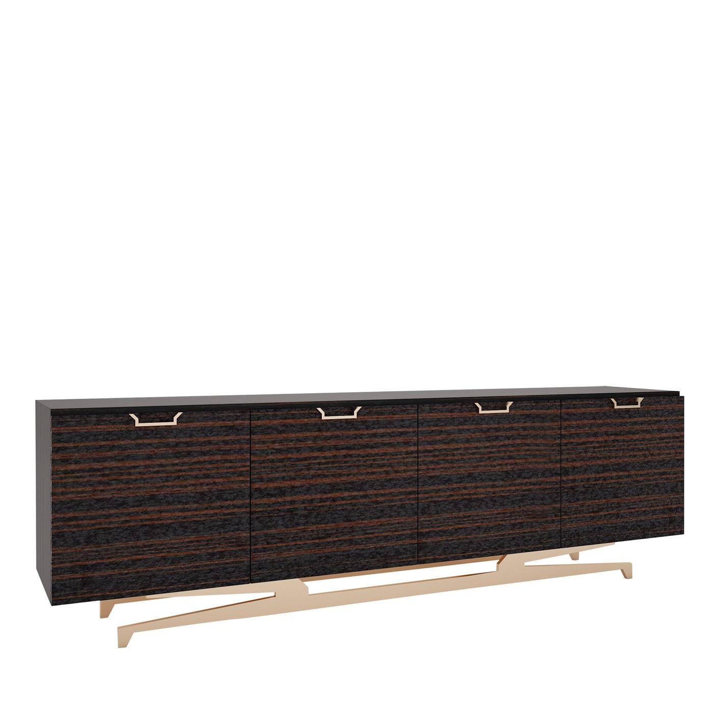 An extraordinary choice for an eclectic interior, this wooden sideboard showcases a dark brown finish and four carved doors with horizontal grain in lighter shades of brown. The support structure is in brass-finished metal (same finish of the doors'