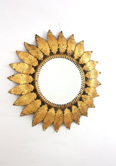 Wall Sunburst Mirror in Gilt Iron with Leafed Frame, Spain 1950s