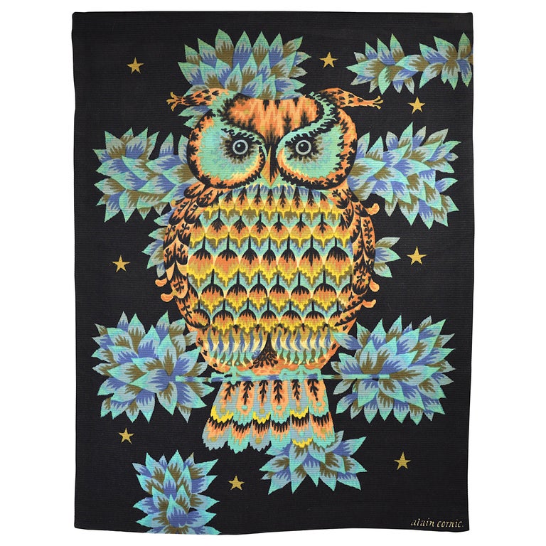 Wall Tapestry by Alain Cornic, Owl, Aubusson, 1950s For Sale