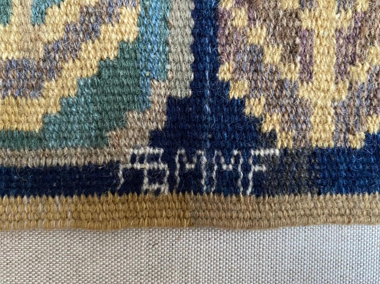 Handwoven wool wall tapestry mounted on linen

Designed by Märta Måås Fjetterström in 1926 and produced by her studio after 1941

Signed AB MMF.
