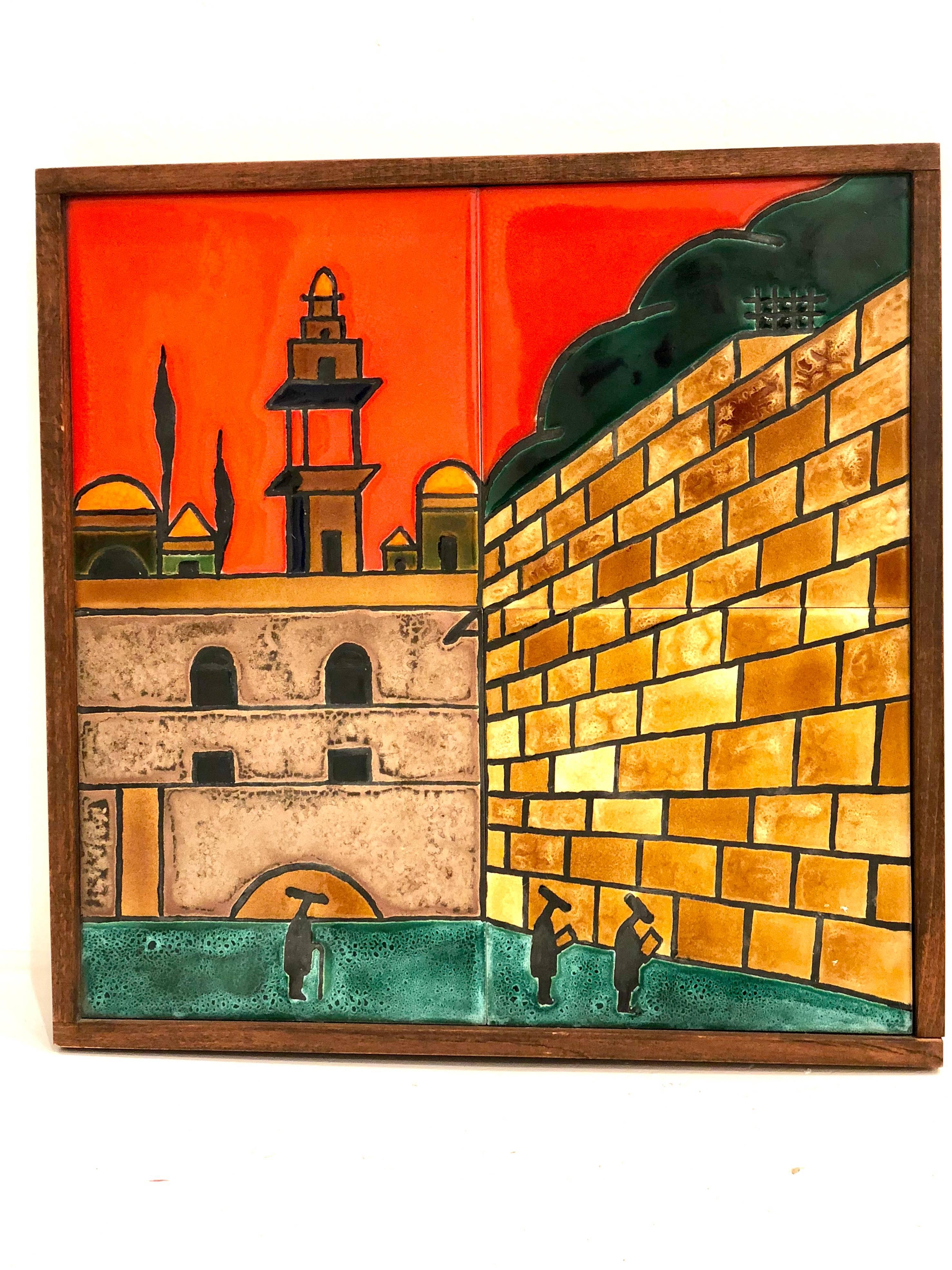 Beautiful art ceramic tile by Israel artist Hayadith Pardess Hanna, great colors subject and nice frame in solid walnut, stamped in the back.