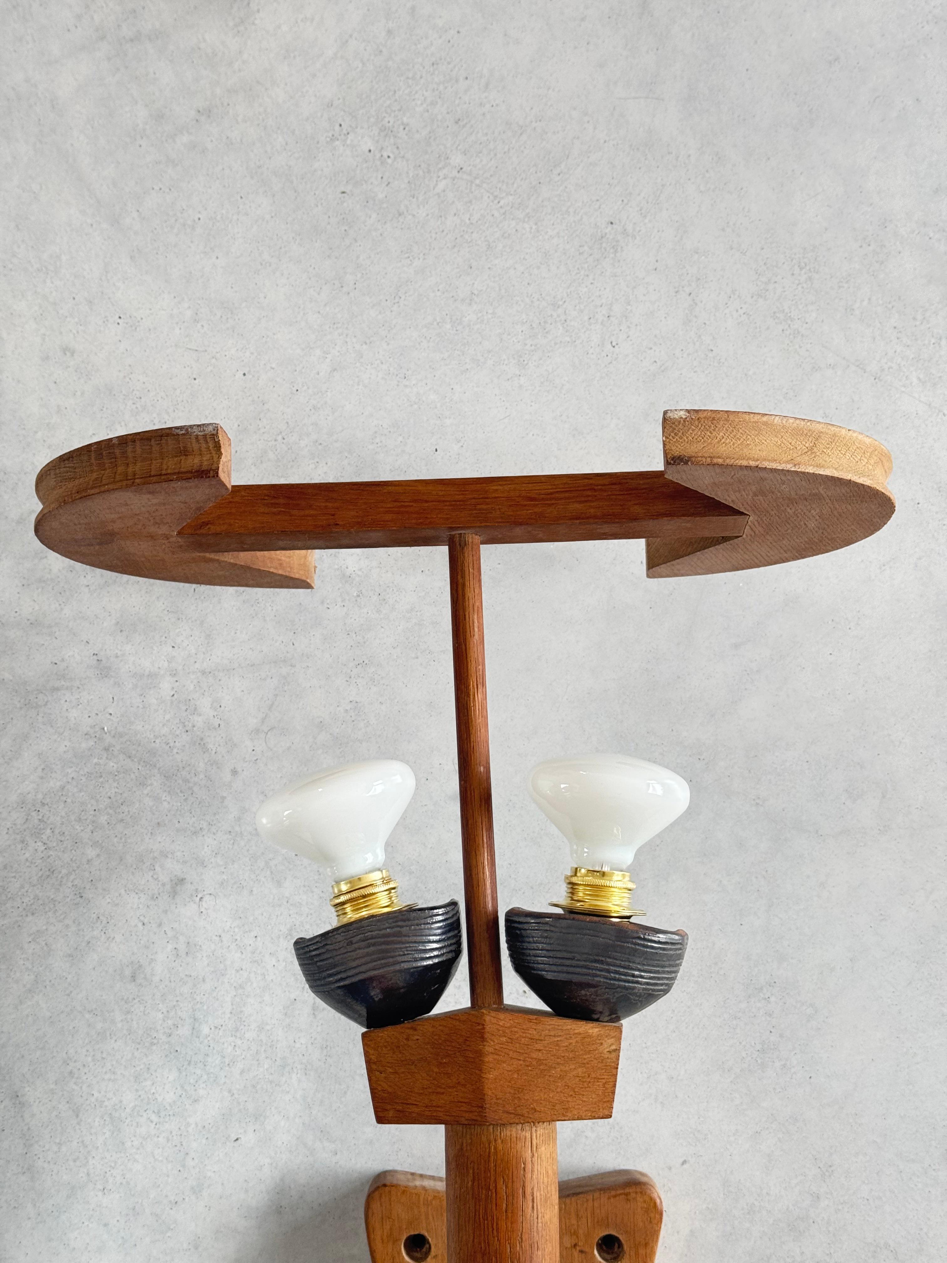 Wall torch Lamp in Solid Oak, Design by Guillerme et Chambron, France 1960s For Sale 2