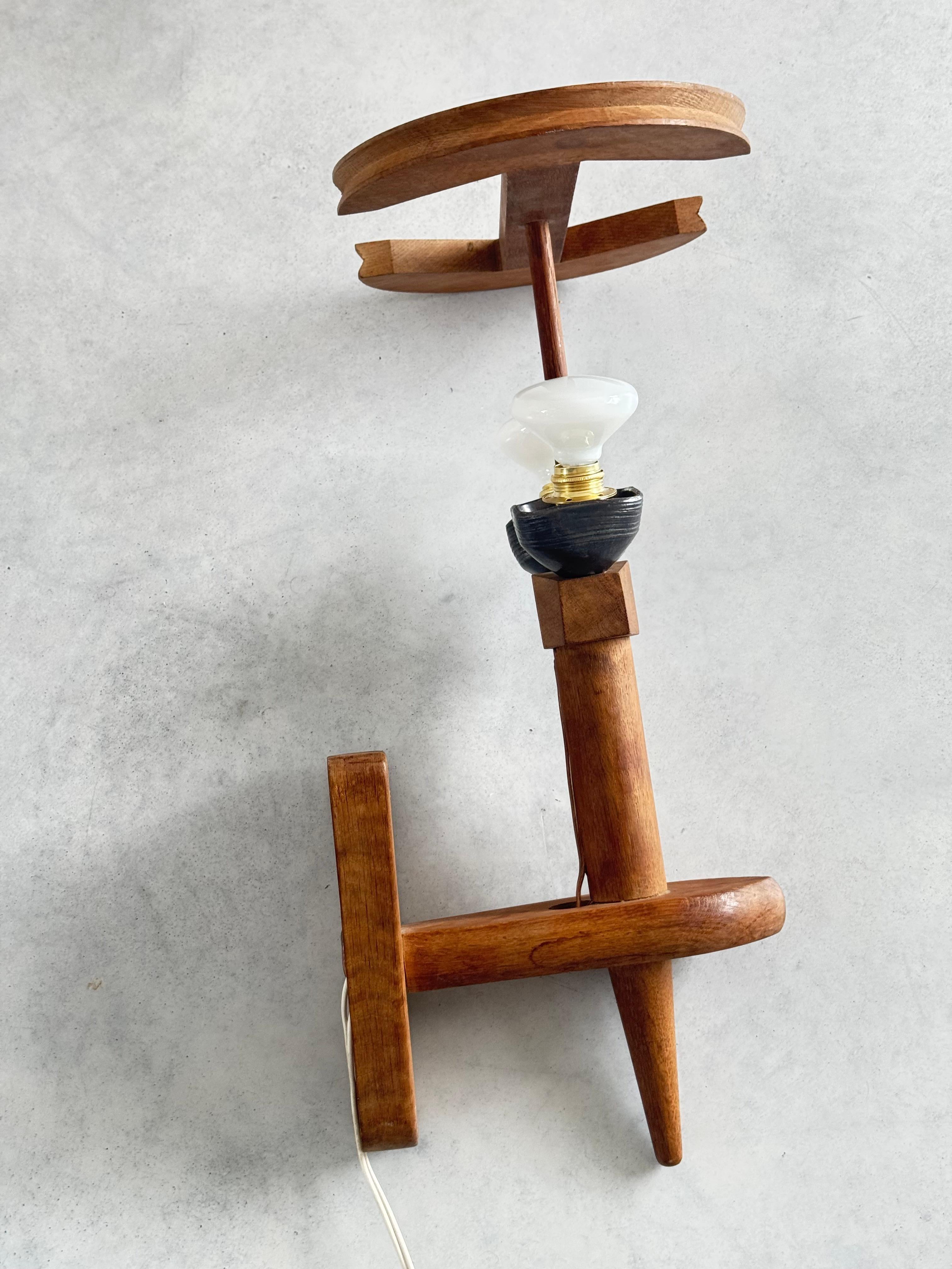 Boulle Wall torch Lamp in Solid Oak, Design by Guillerme et Chambron, France 1960s For Sale
