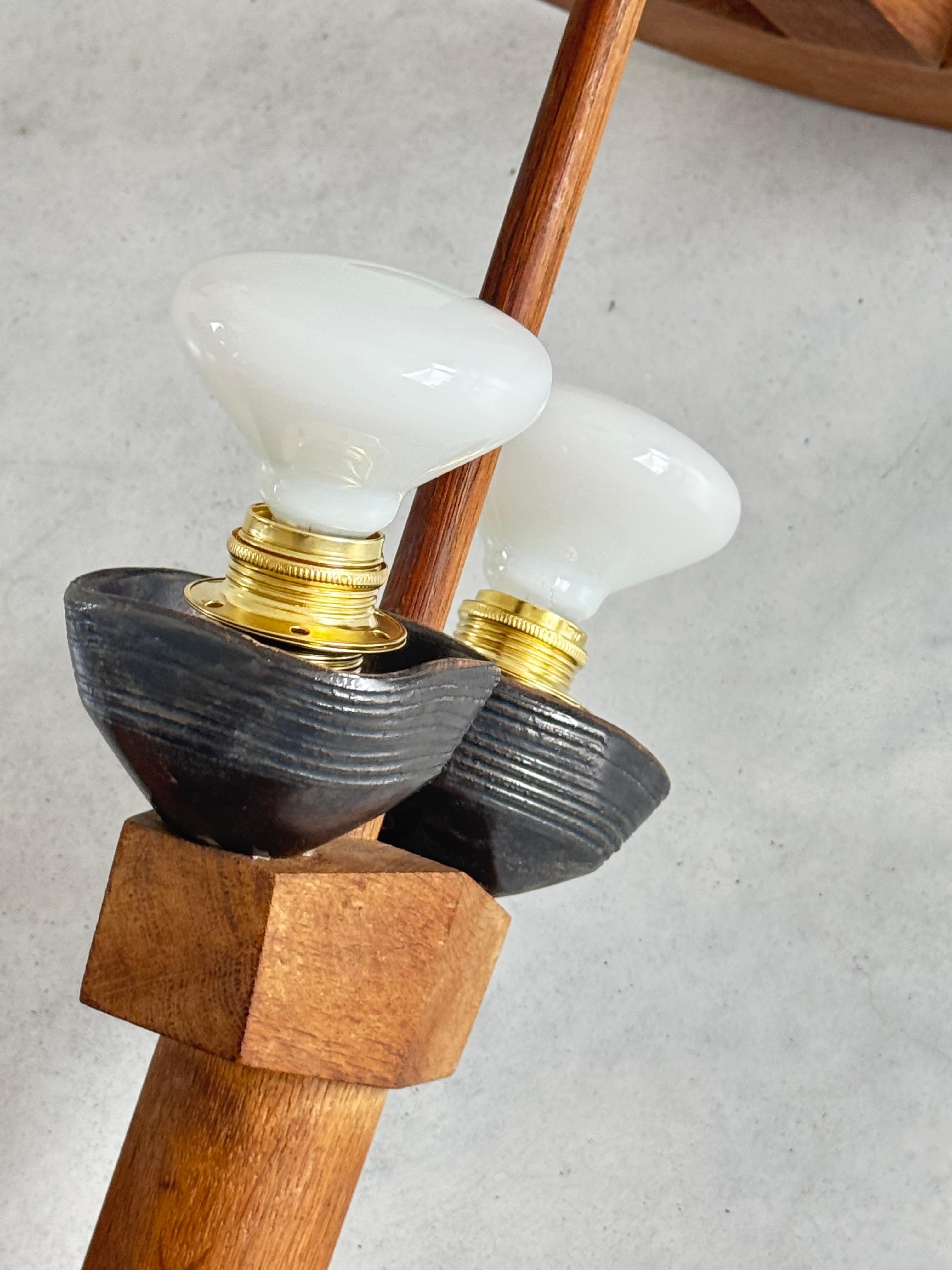 Mid-20th Century Wall torch Lamp in Solid Oak, Design by Guillerme et Chambron, France 1960s For Sale