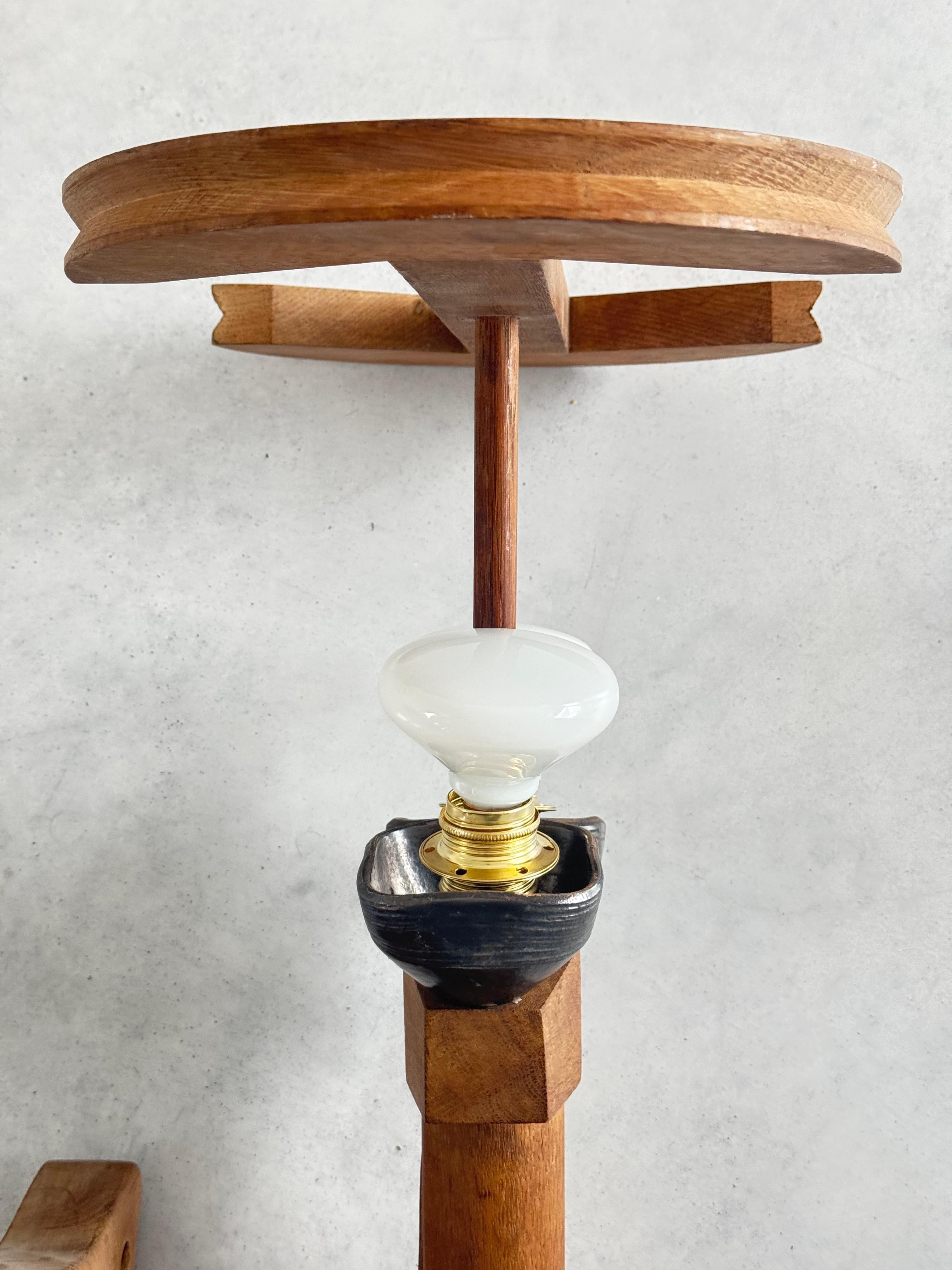 Ceramic Wall torch Lamp in Solid Oak, Design by Guillerme et Chambron, France 1960s For Sale