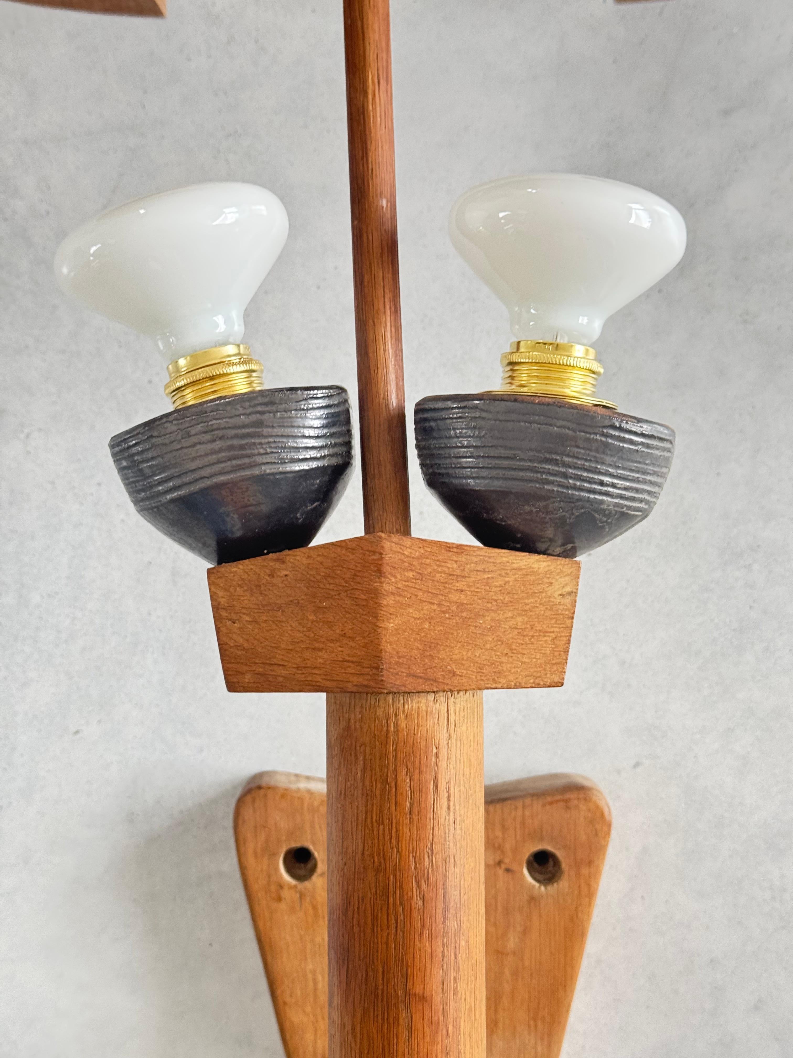 Wall torch Lamp in Solid Oak, Design by Guillerme et Chambron, France 1960s For Sale 1