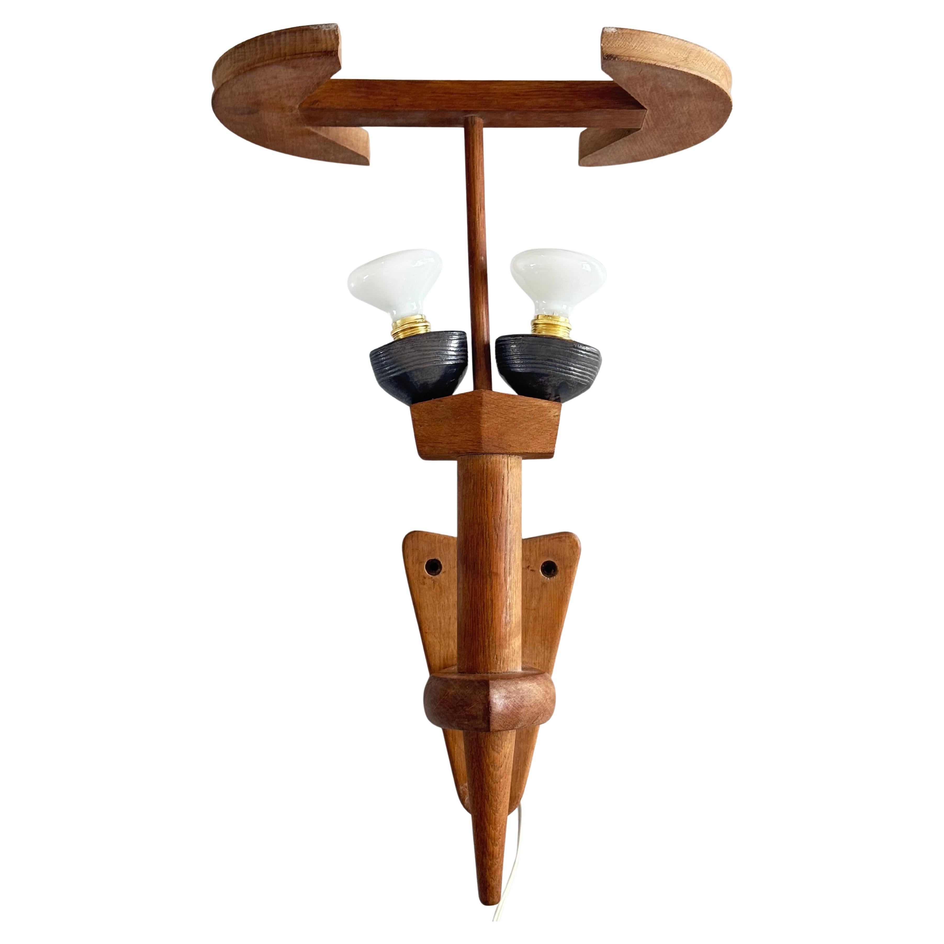 Wall torch Lamp in Solid Oak, Design by Guillerme et Chambron, France 1960s