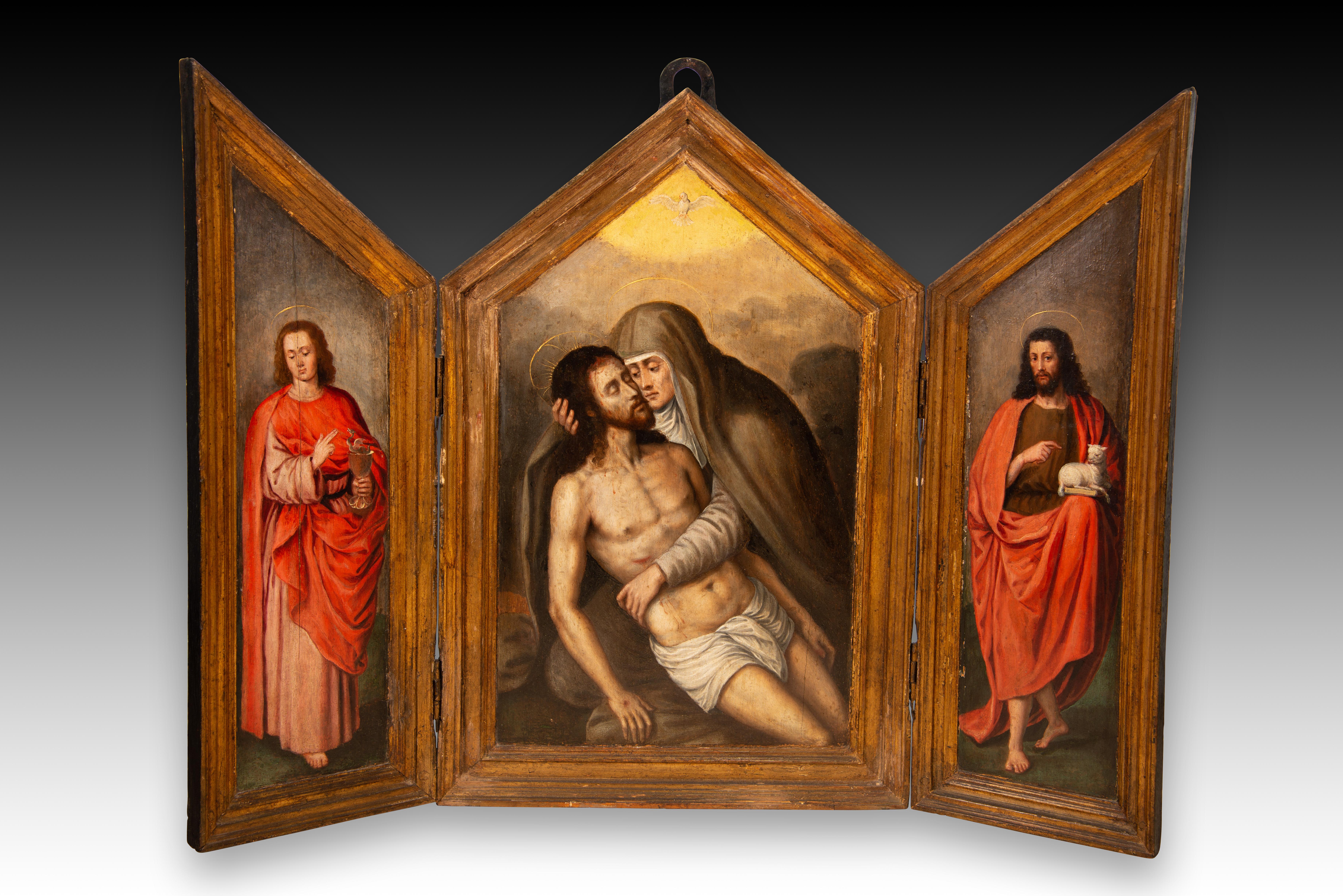 18th Century and Earlier Wall triptych, Pietà and Saints John. Oil on panel, metal. Spanish school, 16th