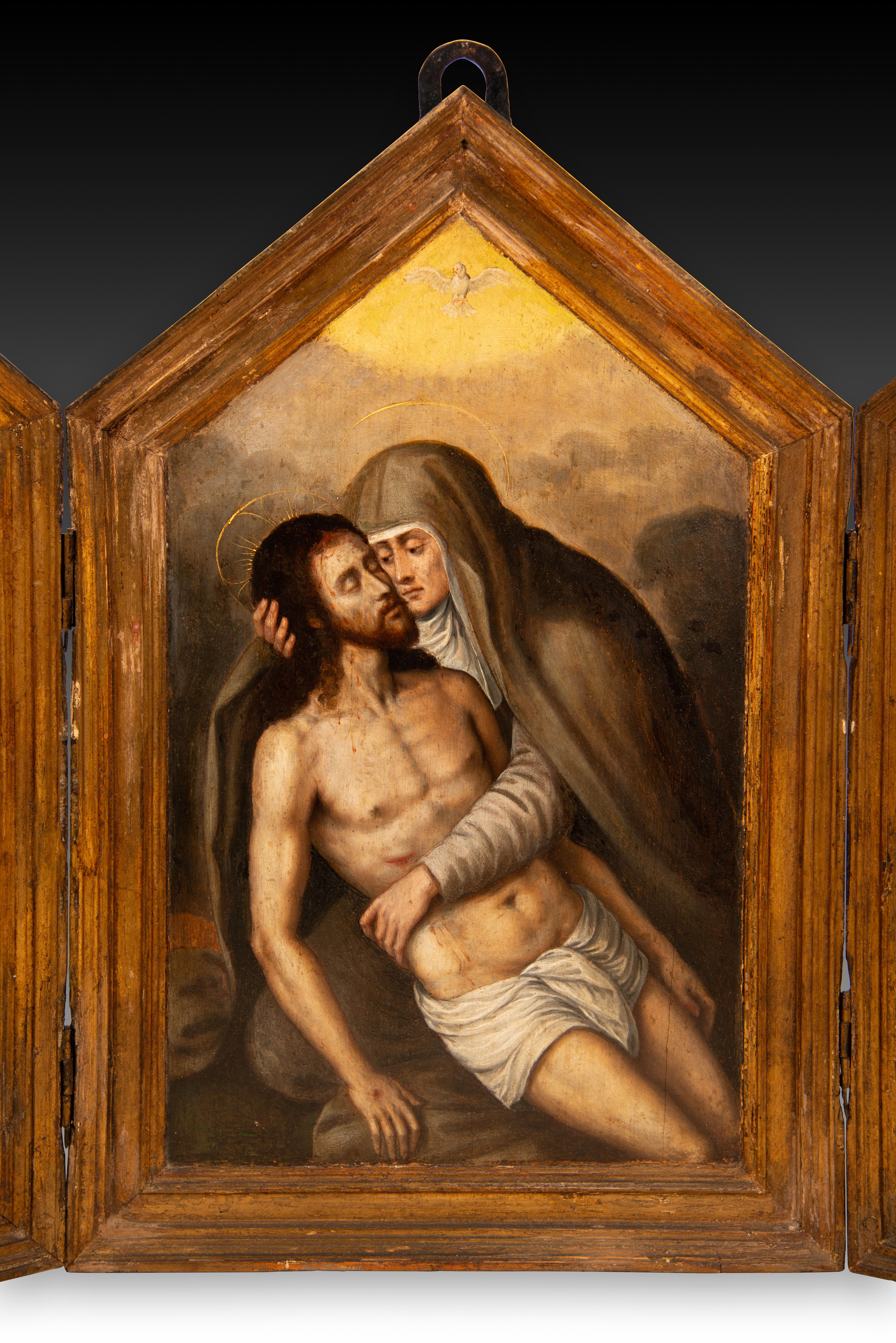 Metal Wall triptych, Pietà and Saints John. Oil on panel, metal. Spanish school, 16th