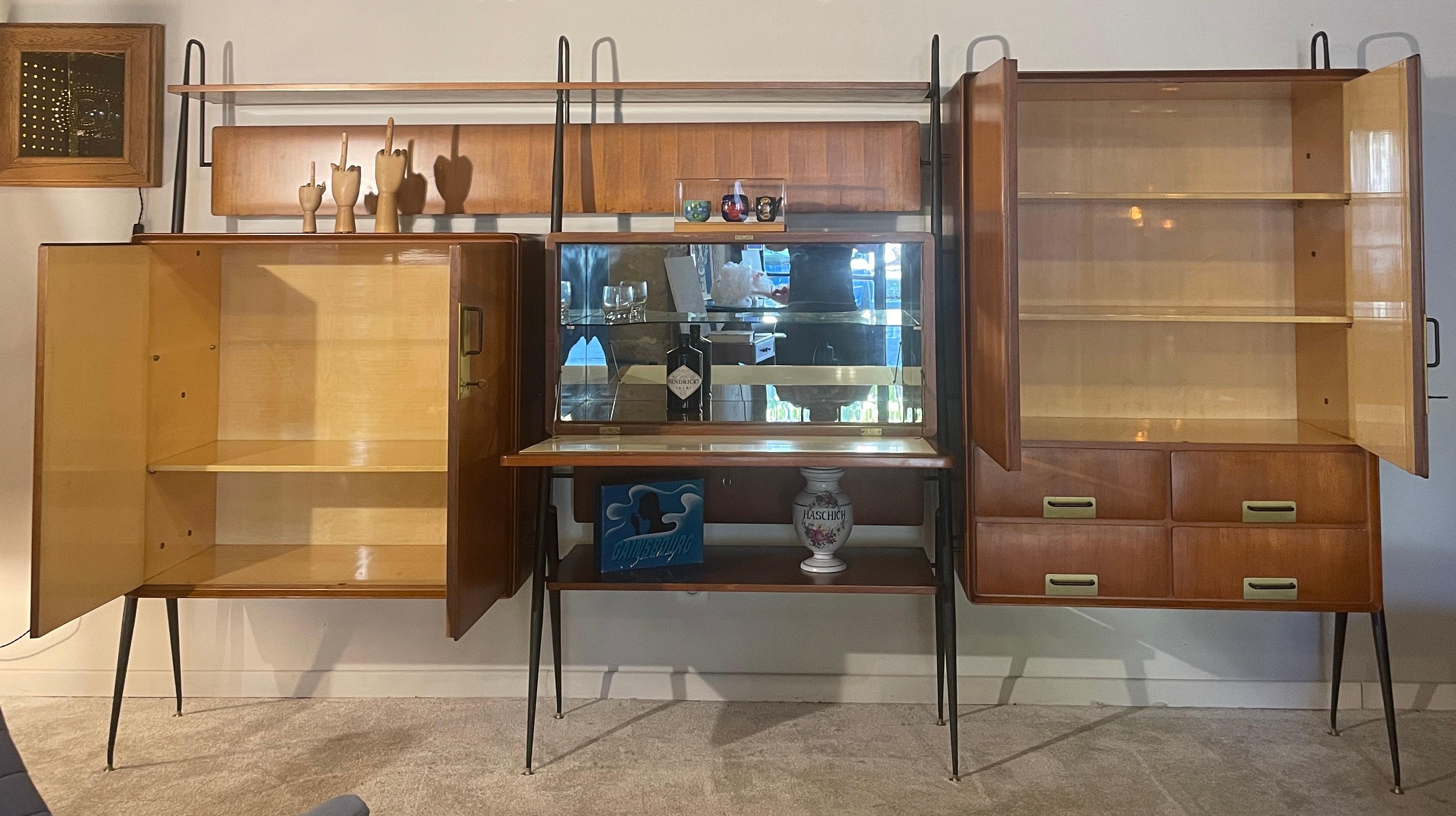 Wall Unit by Silvio Cavatorta, 1950, Italy, Teak, Brass, Metal, Mirror For Sale 5