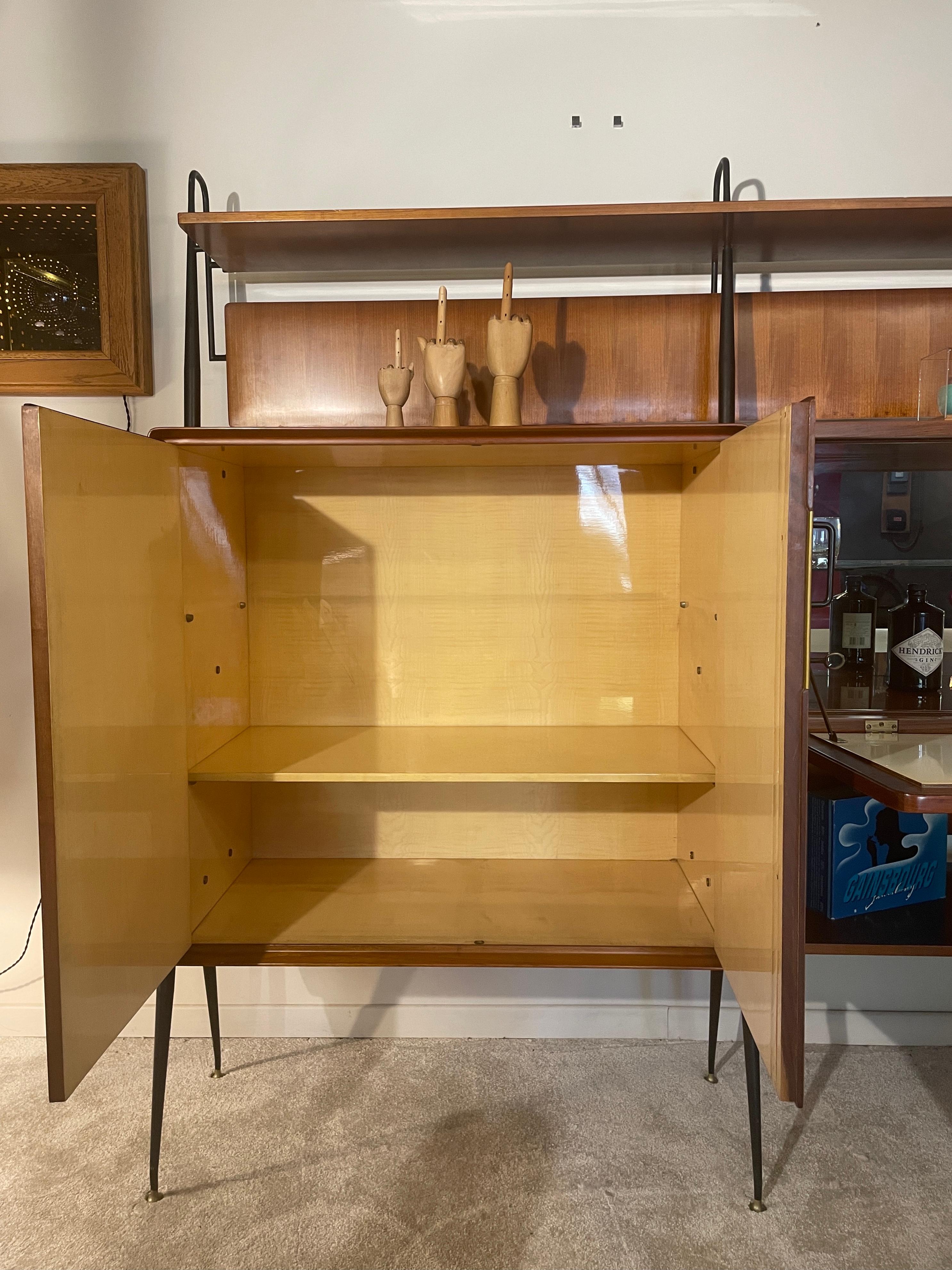 Wall Unit by Silvio Cavatorta, 1950, Italy, Teak, Brass, Metal, Mirror For Sale 6