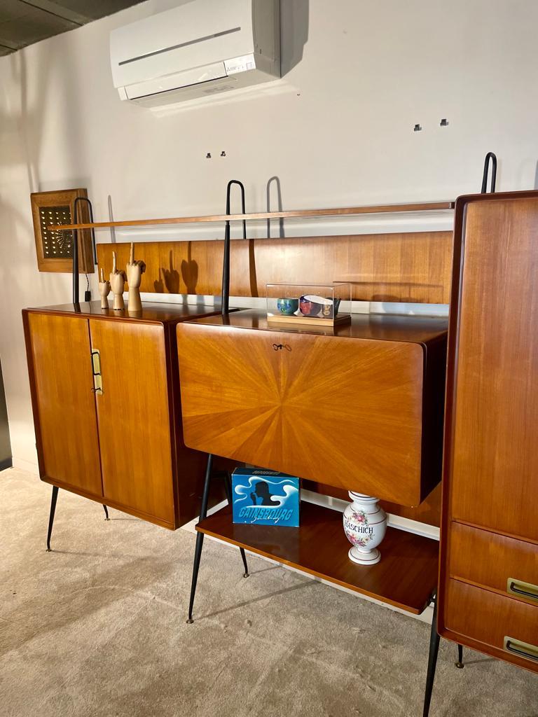 Wall Unit by Silvio Cavatorta, 1950, Italy, Teak, Brass, Metal, Mirror For Sale 1