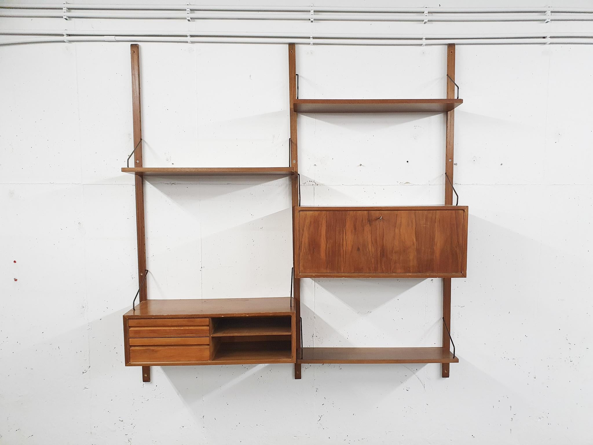 Danish Wall Unit in Elmwood by Poul Cadovius for Royal System, Denmark, 1950s For Sale